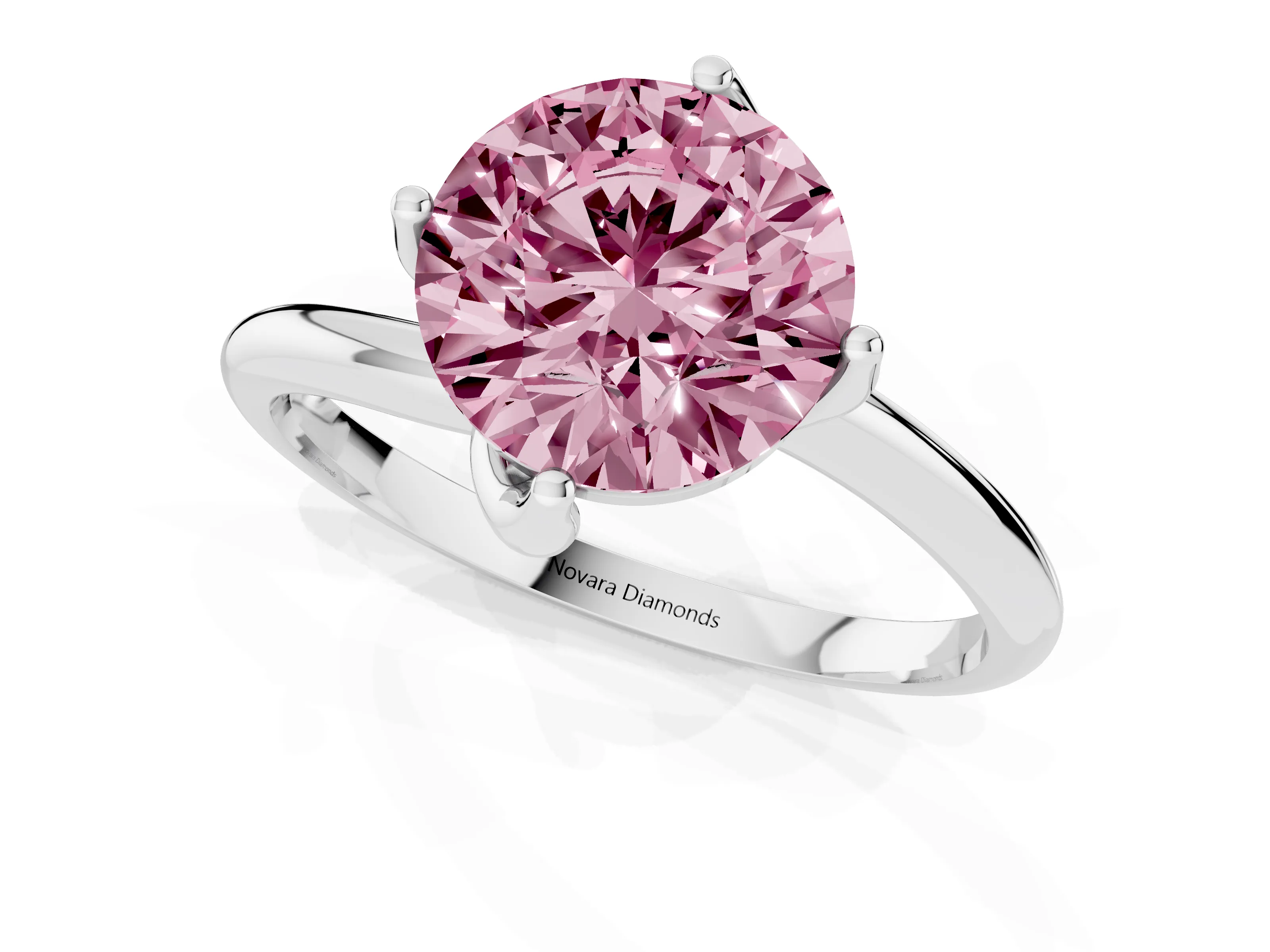 Fancy Pink Round Cut Diamond Solitaire Engagement Ring Set in White gold with Classic Plain Band