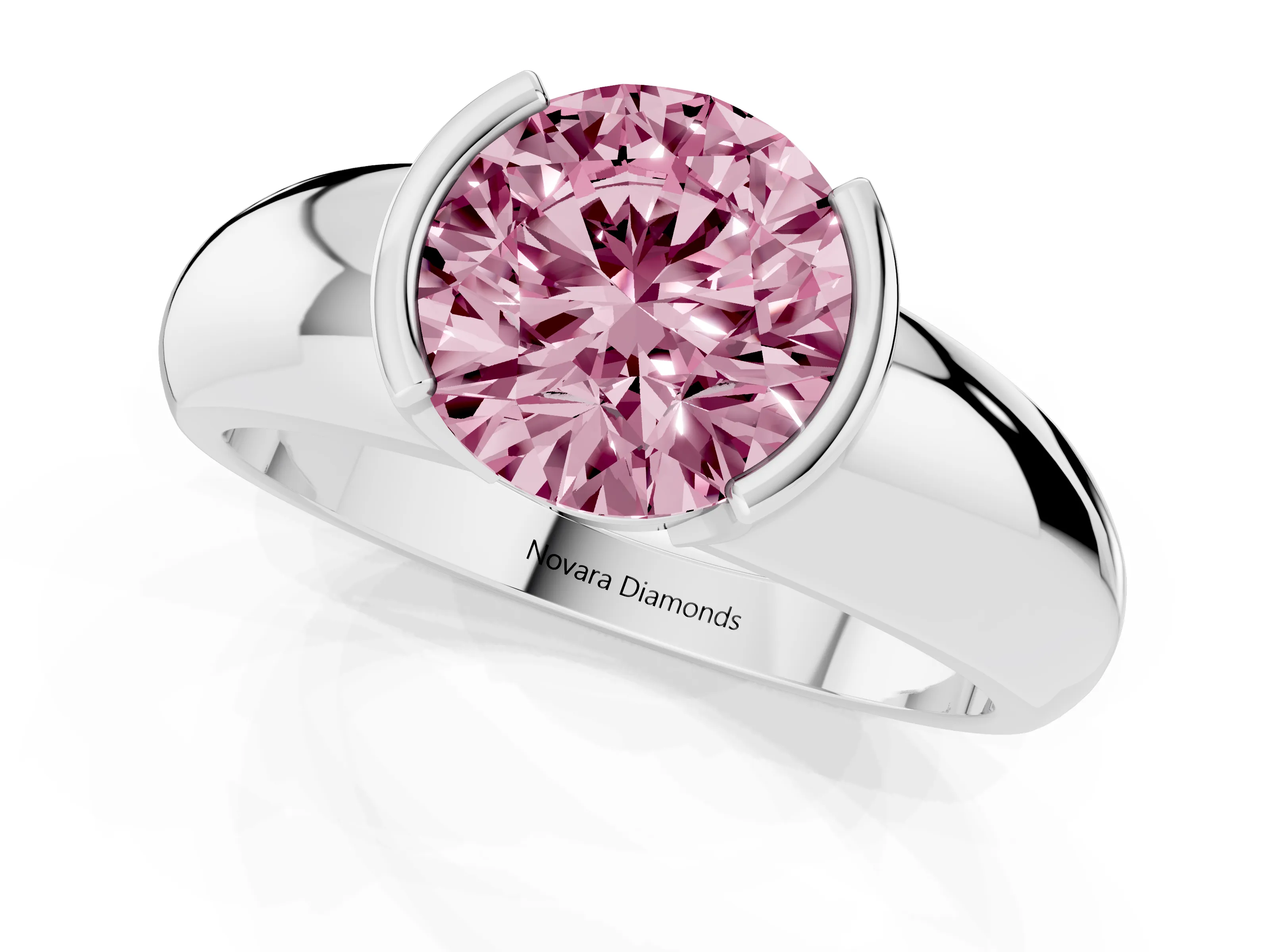 Fancy Pink Round Cut Diamond Solitaire Tension Set Ring Set in Platinum with Wide Band