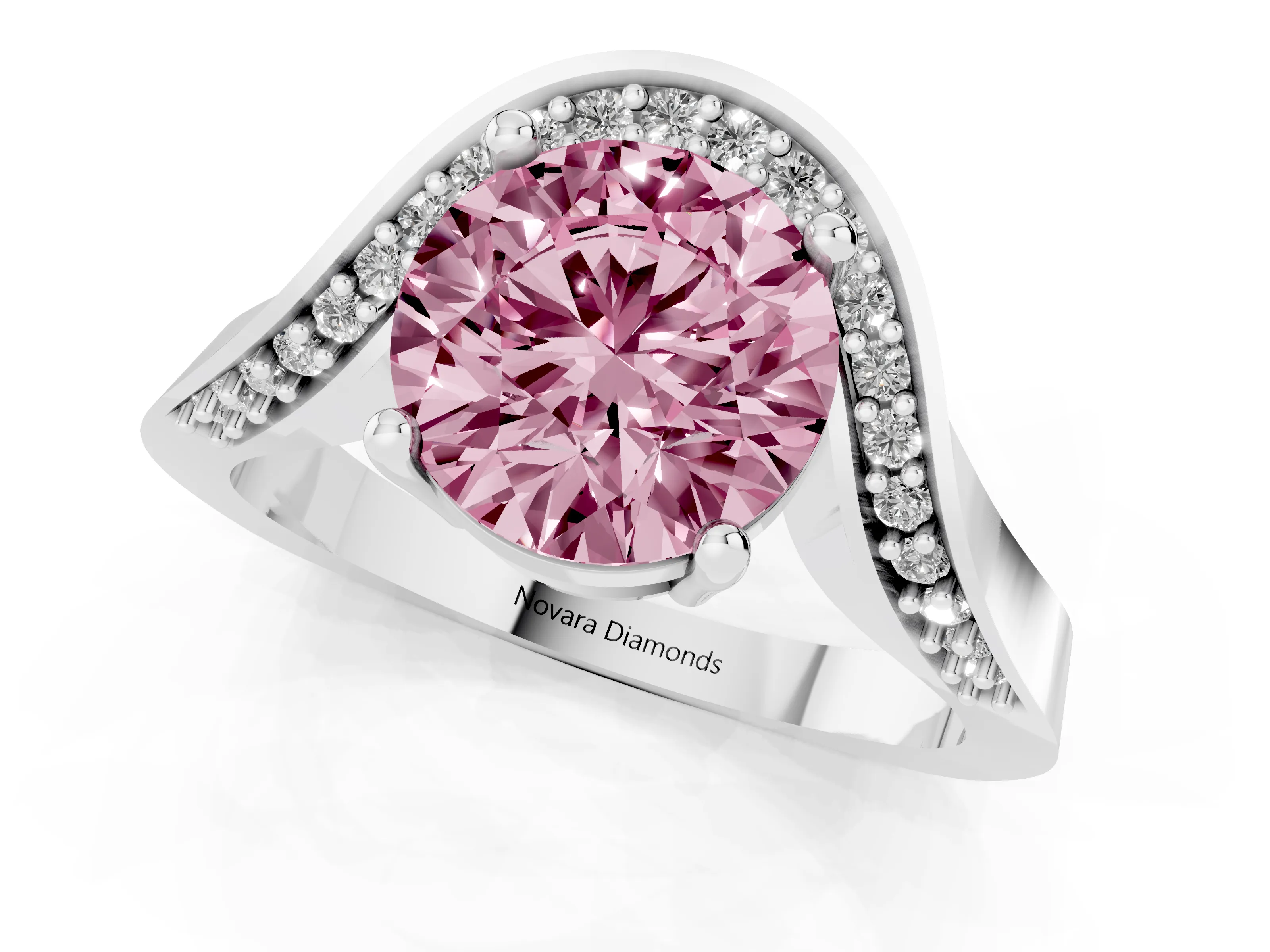 Fancy Pink Round Cut Diamond Solitaire Engagement Ring Set in White gold with Pavé Shoulders