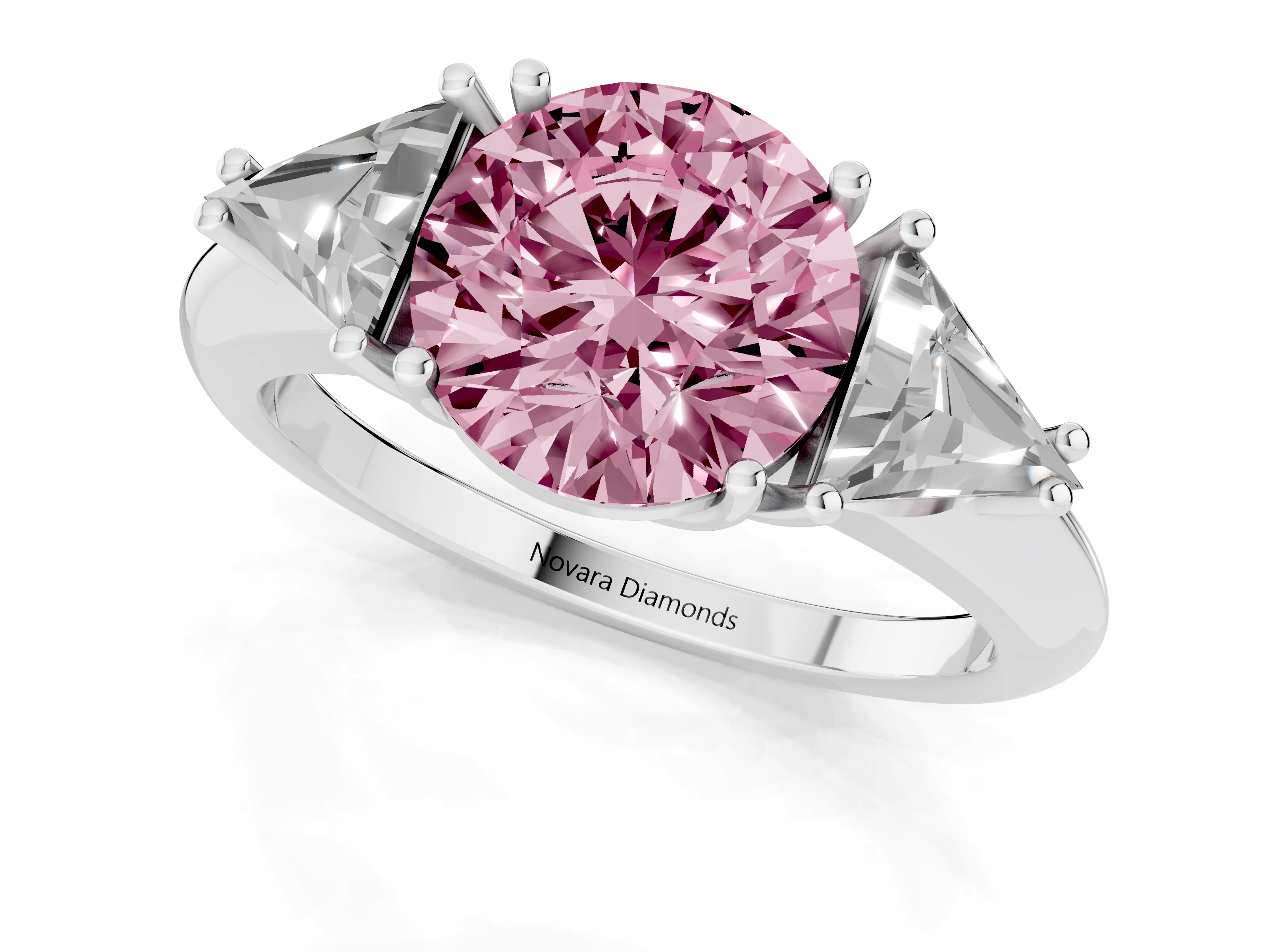 Fancy Pink Round Cut Diamond Three-Stone Engagement Ring Set in White gold with Trillion Side Stones