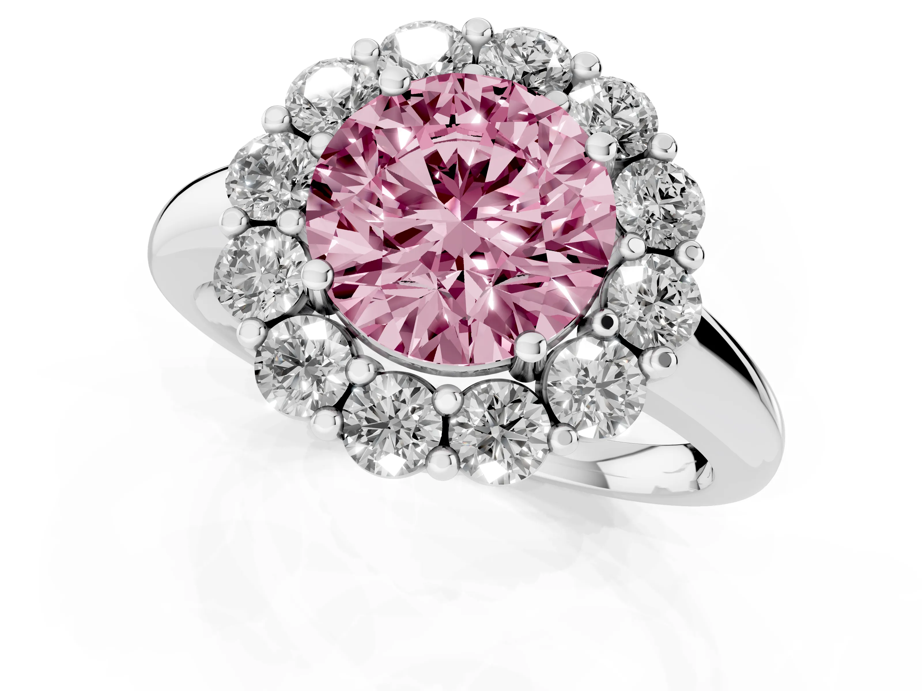 Fancy Pink Round Cut Diamond Halo Cluster Engagement Ring Set in White gold with Polished Band and Prong Setting