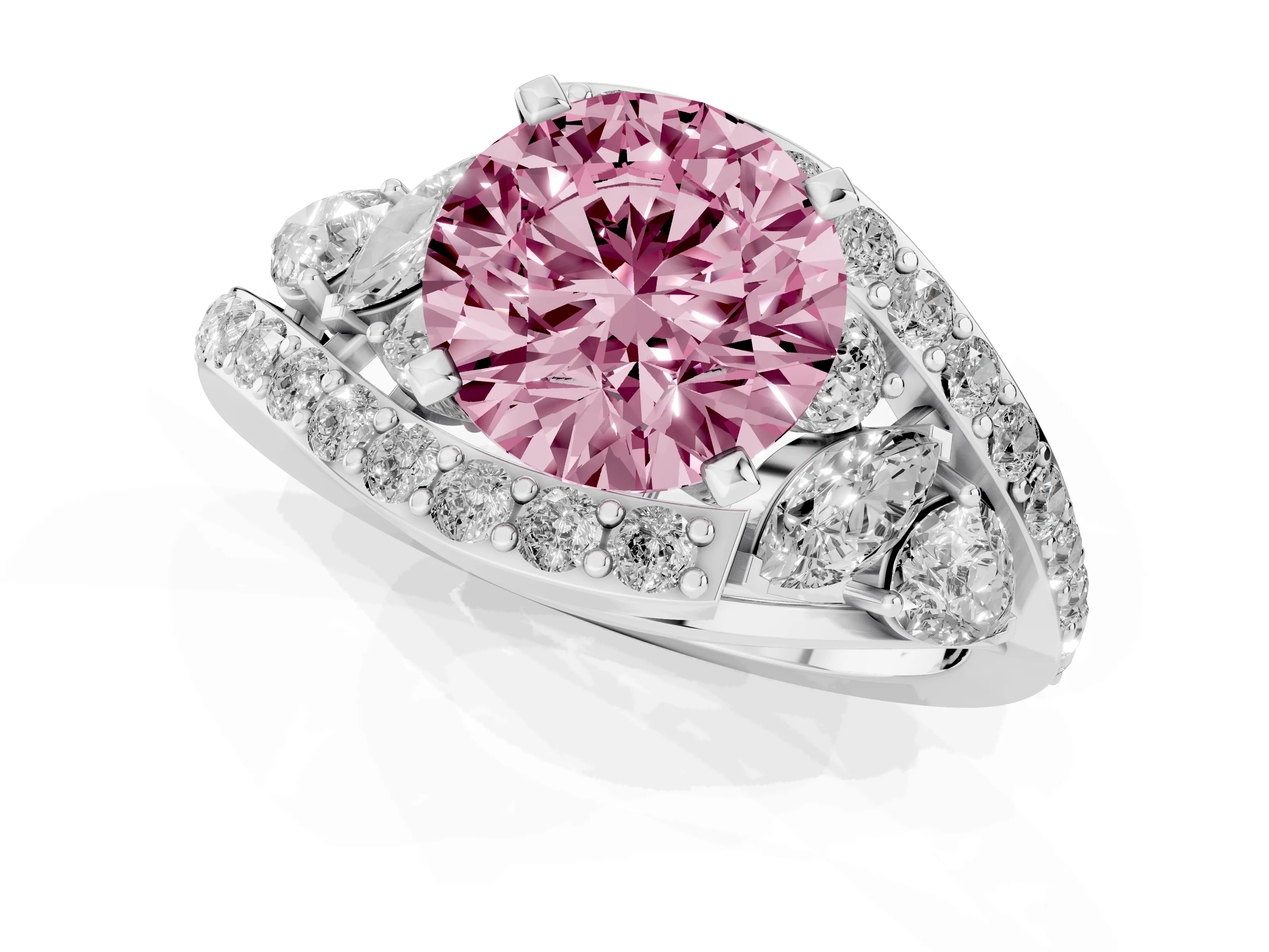 Fancy Pink Round Cut Diamond Halo Ring Set in Silver with Marquise and Pavé Band in Prong Setting