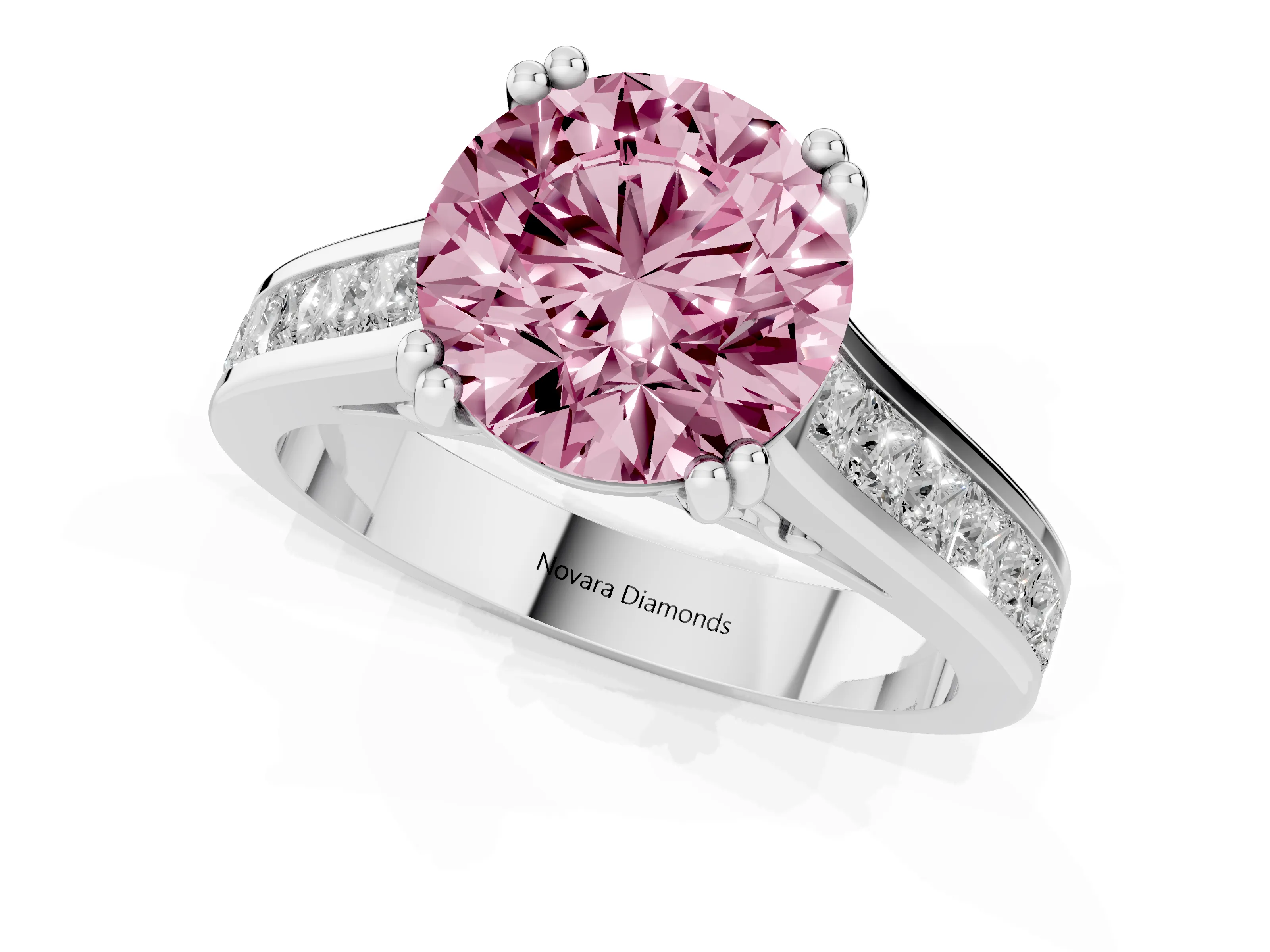 Fancy Pink Round Cut Diamond Channel Set Solitaire Engagement Ring Set in Silver with Prong Setting