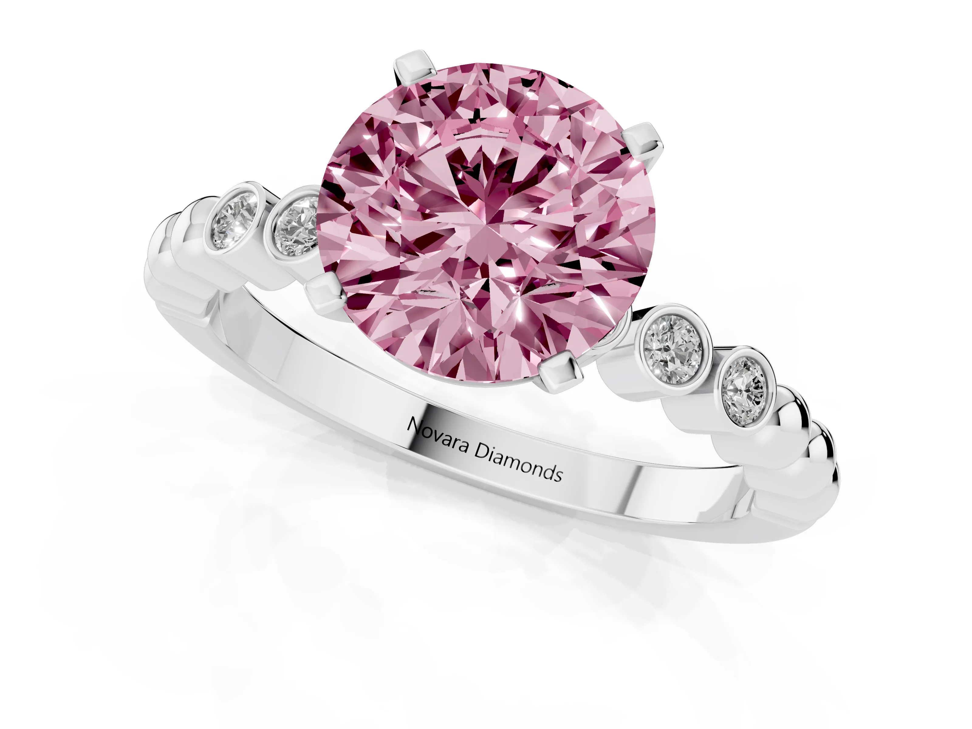 Fancy Pink Round Cut Diamond Solitaire Engagement Ring Set in Platinum with Bezel Accents on Beaded Band