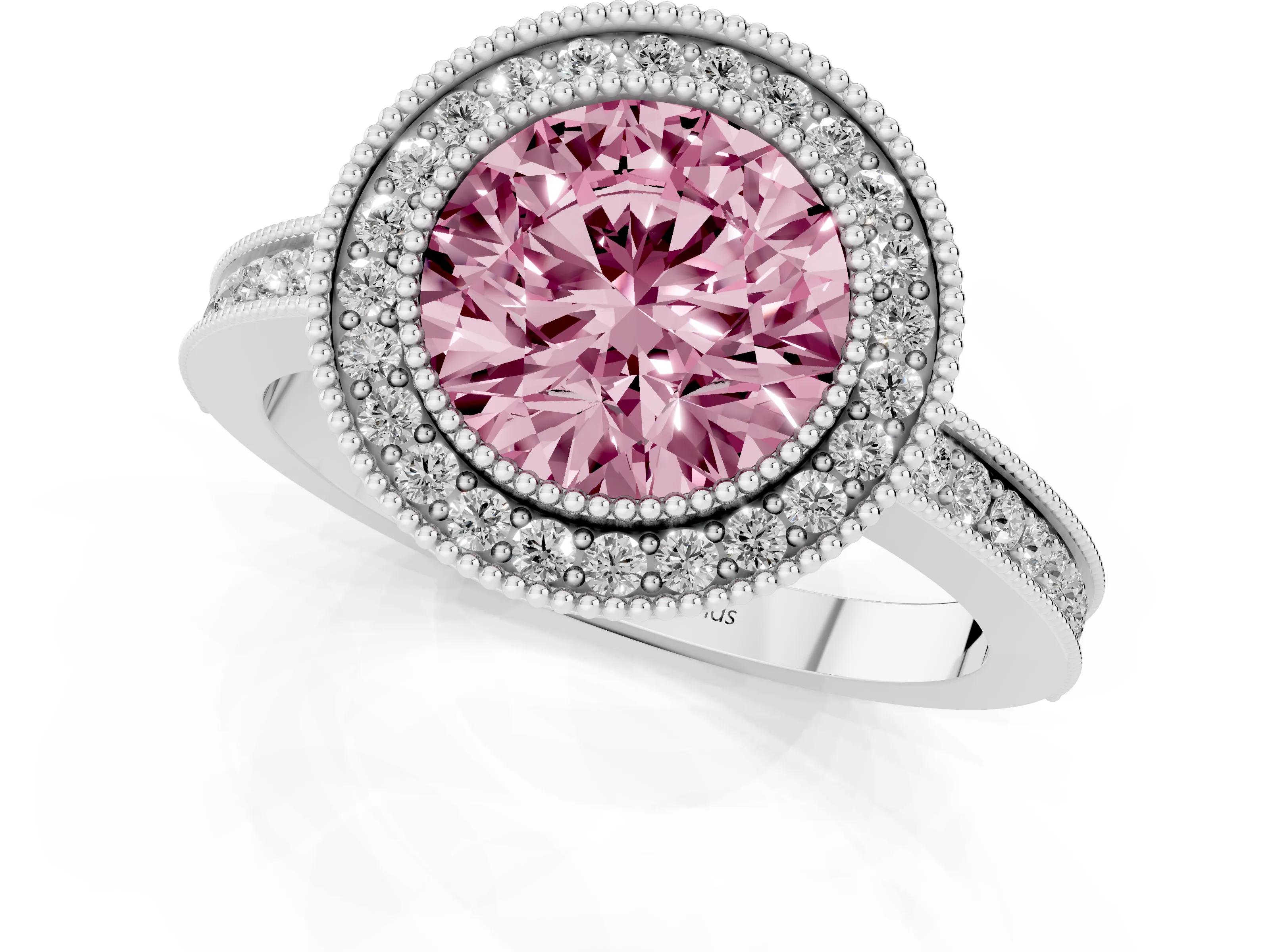 Fancy Pink Round Cut Diamond Halo Ring Set in Platinum with Pavé Band and Milgrain-Edged Prongs