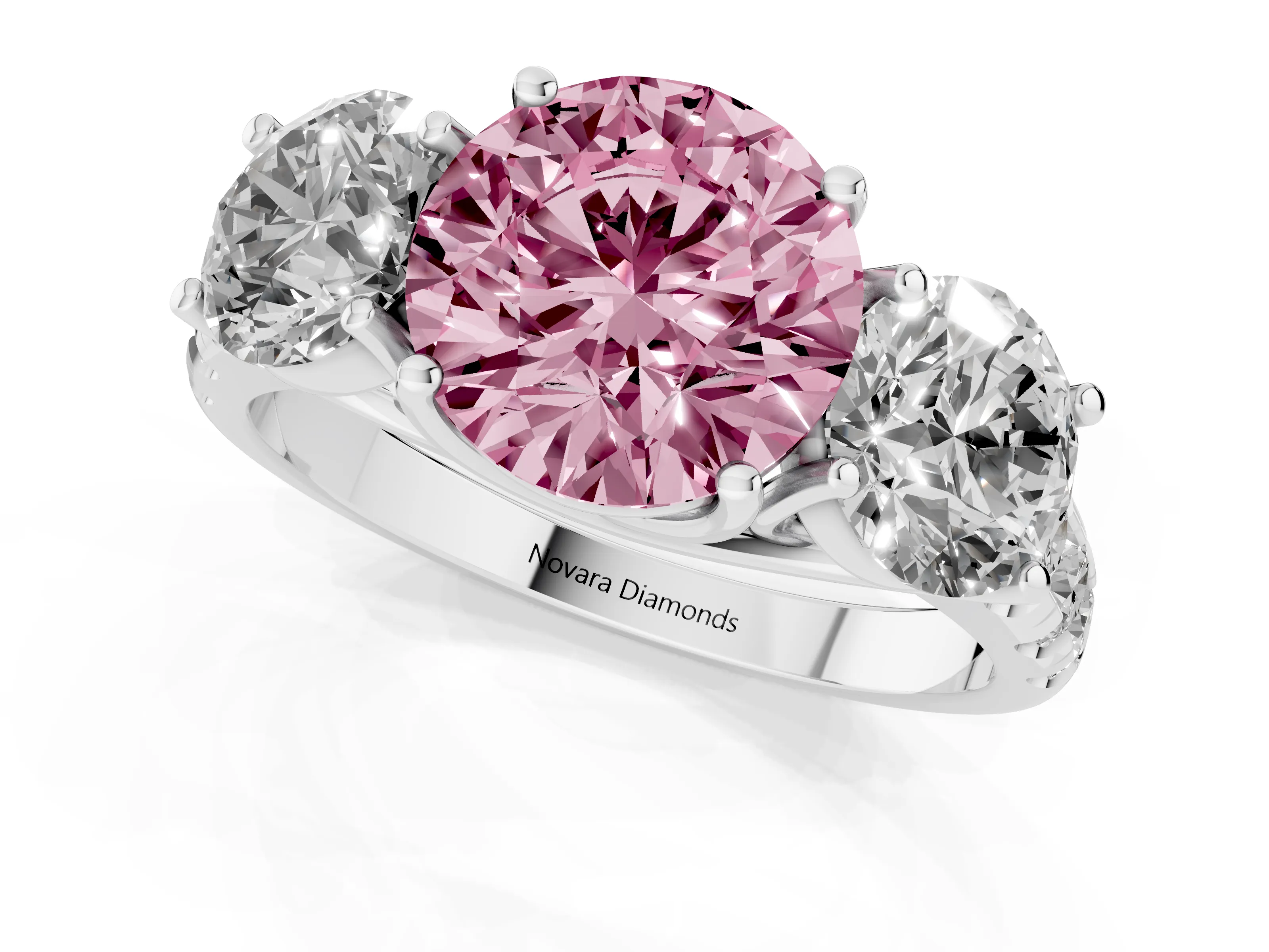 Fancy Pink Round Cut Diamond Three-Stone Ring Set in Silver with Pavé Band