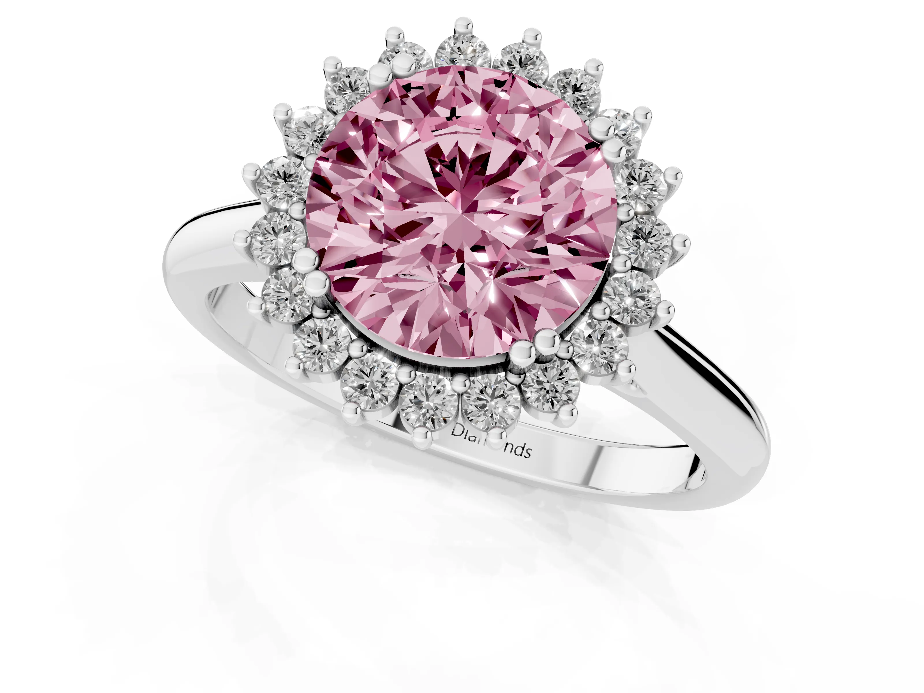 Fancy Pink Round Cut Diamond Halo Ring Set in White gold with Plain Solitaire Band and Prong Setting