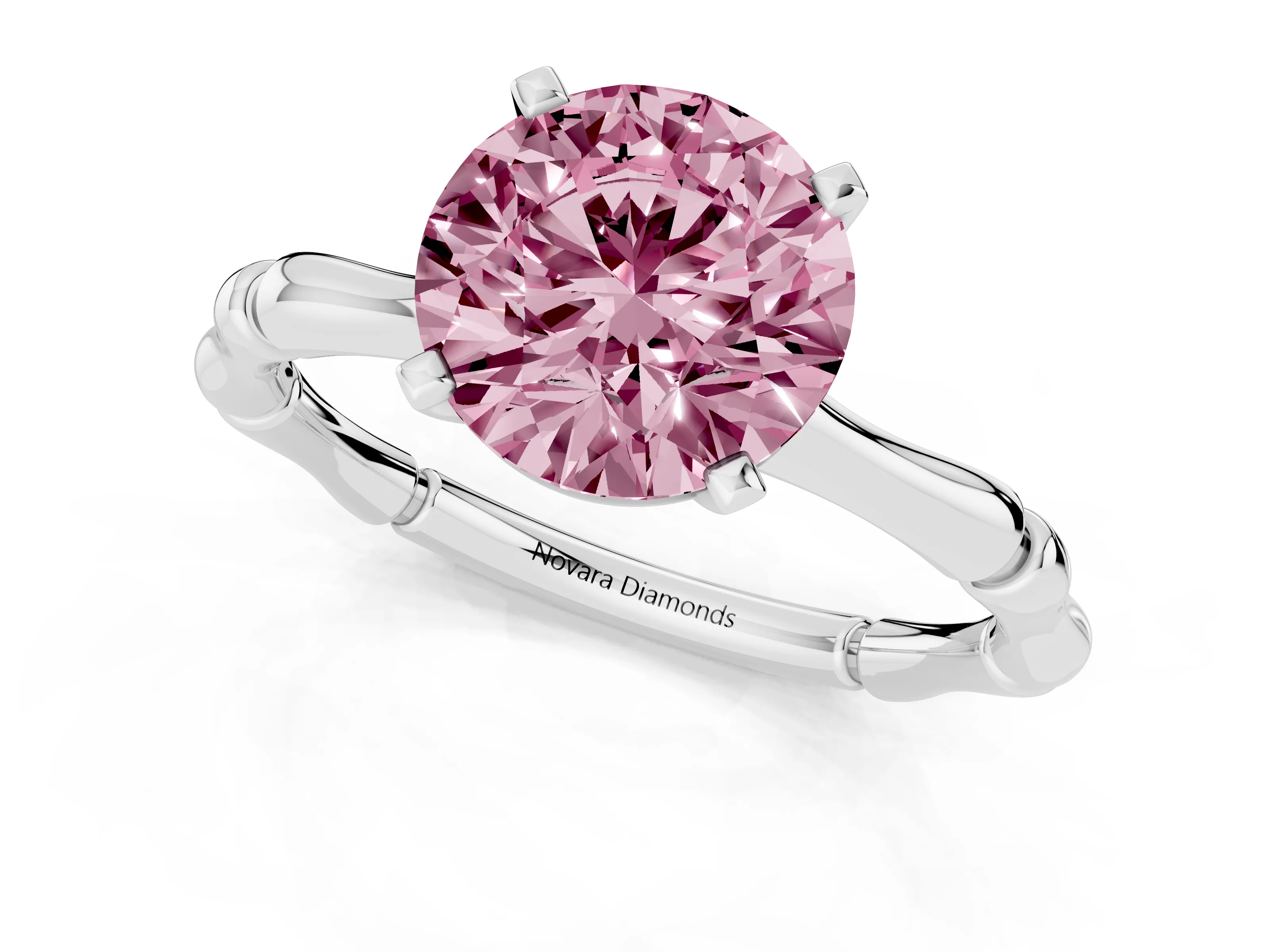 Fancy Pink Round Cut Diamond Solitaire Ring Set in Platinum with Bamboo Band and Prong Setting