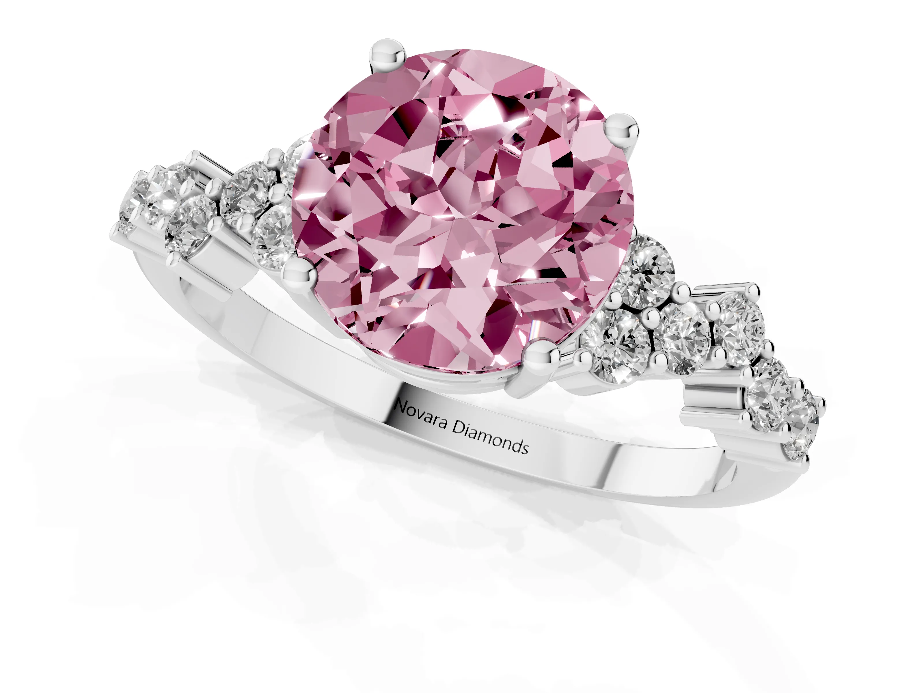 Fancy Pink Round Cut Diamond Ring Set in White gold with Scattered Round Accents