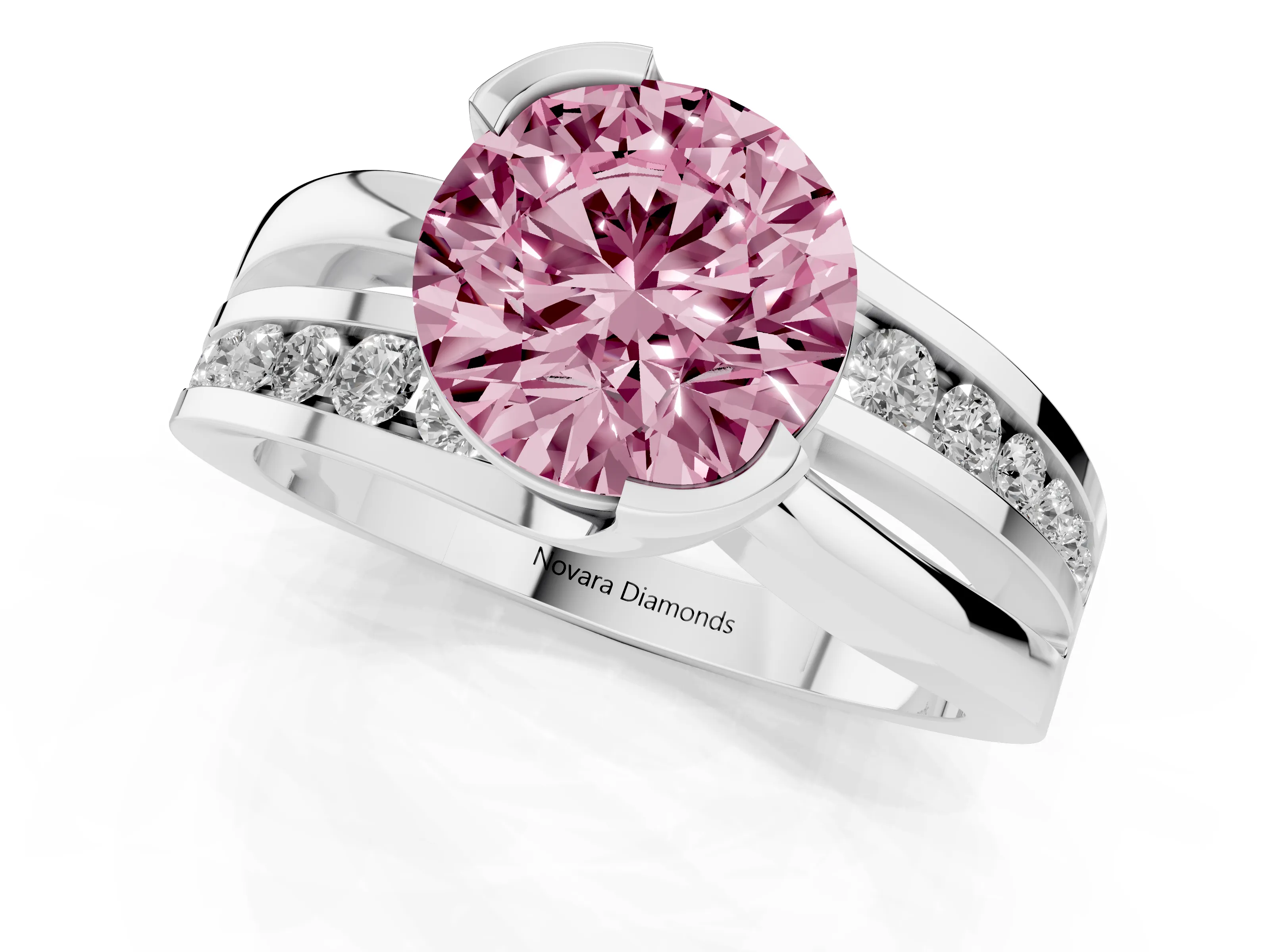 Fancy Pink Round Cut Diamond Solitaire Ring Set in Silver with Channel Set Split Shank and Tension Prongs
