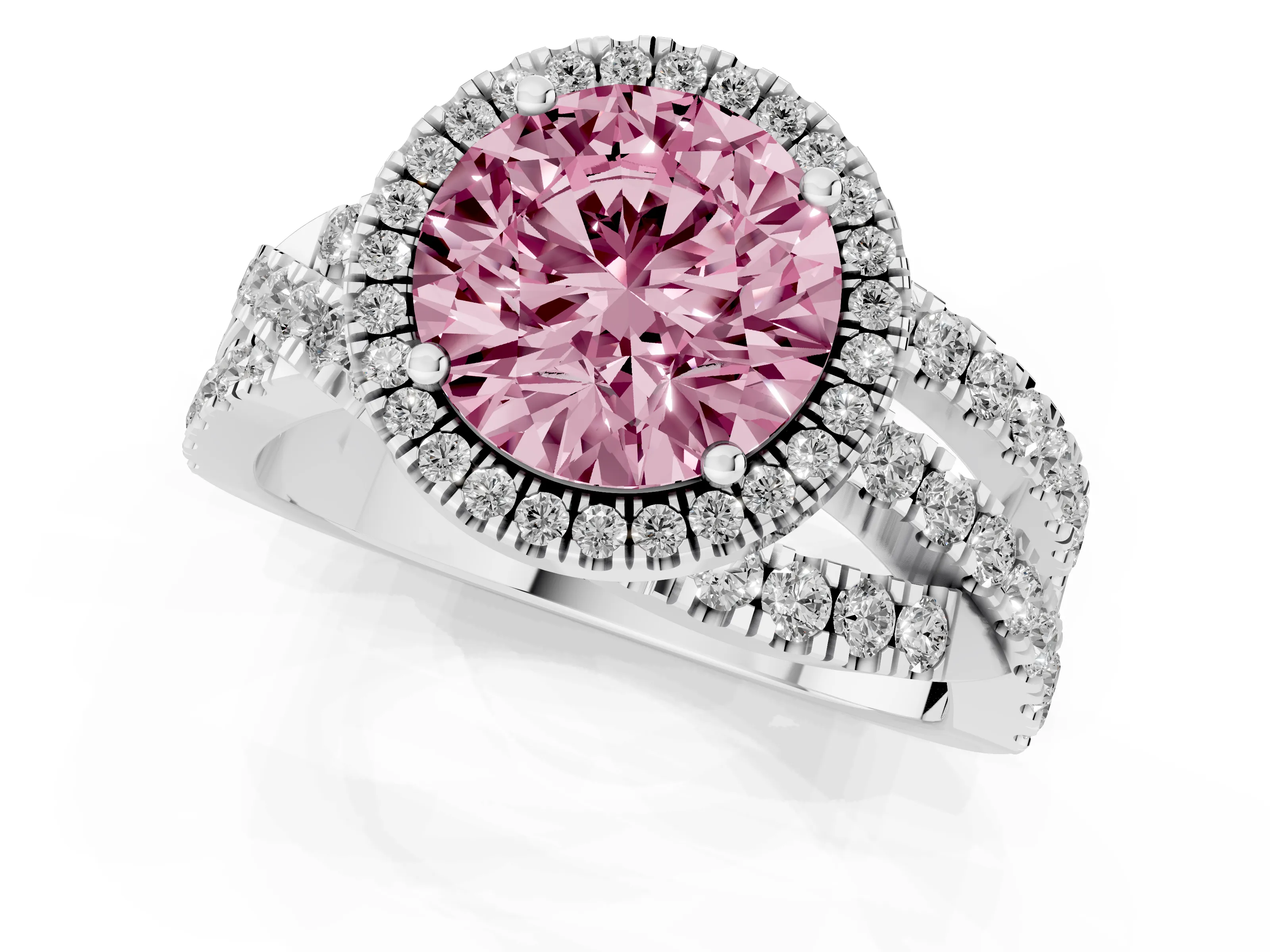Fancy Pink Round Cut Diamond Halo Ring Set in Platinum with Round Crossover Split Shank and Prong Setting