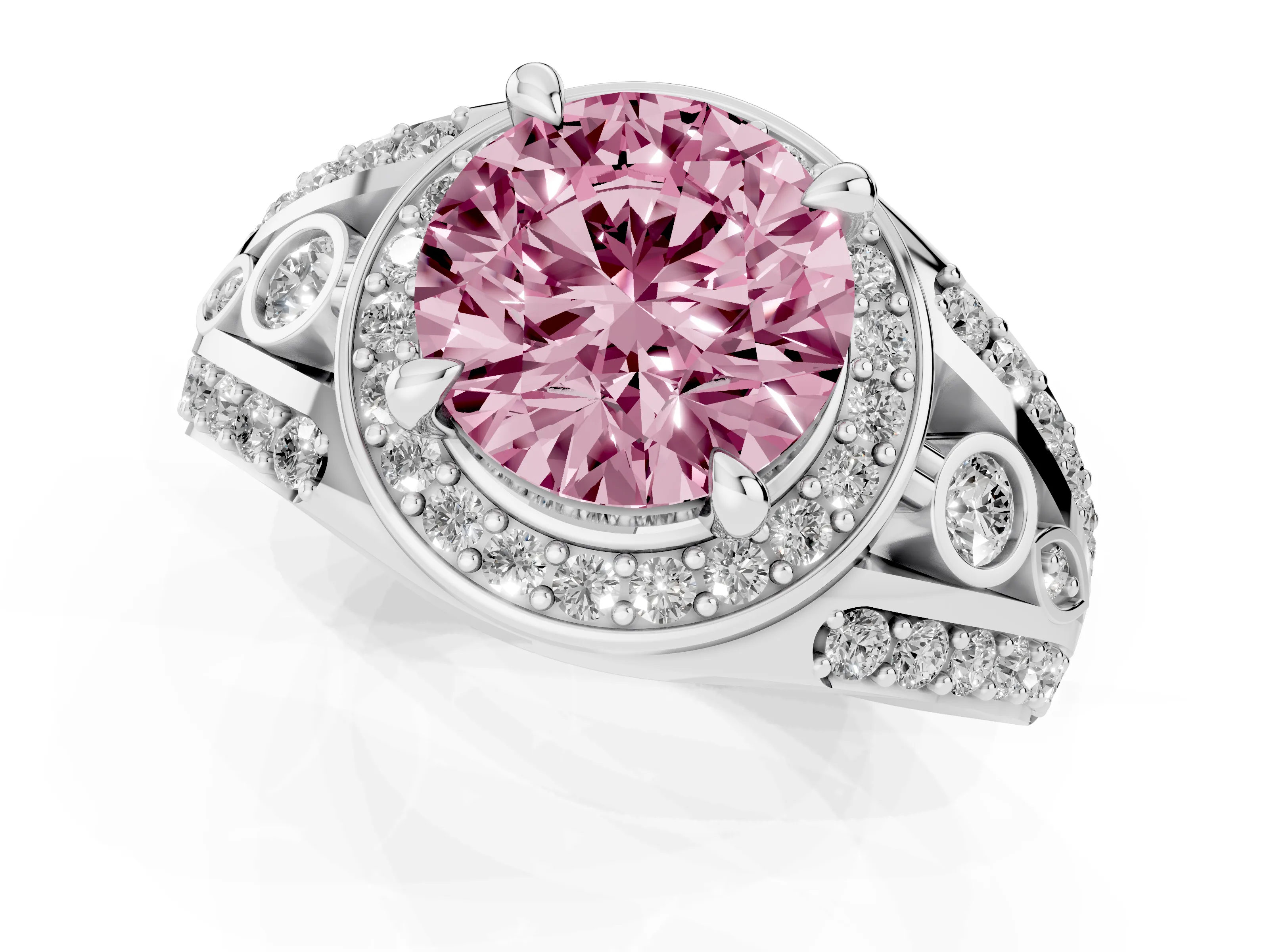 Fancy Pink Round Cut Diamond Halo Ring Set in Platinum with Pavé Split Shank and Bezel Accents