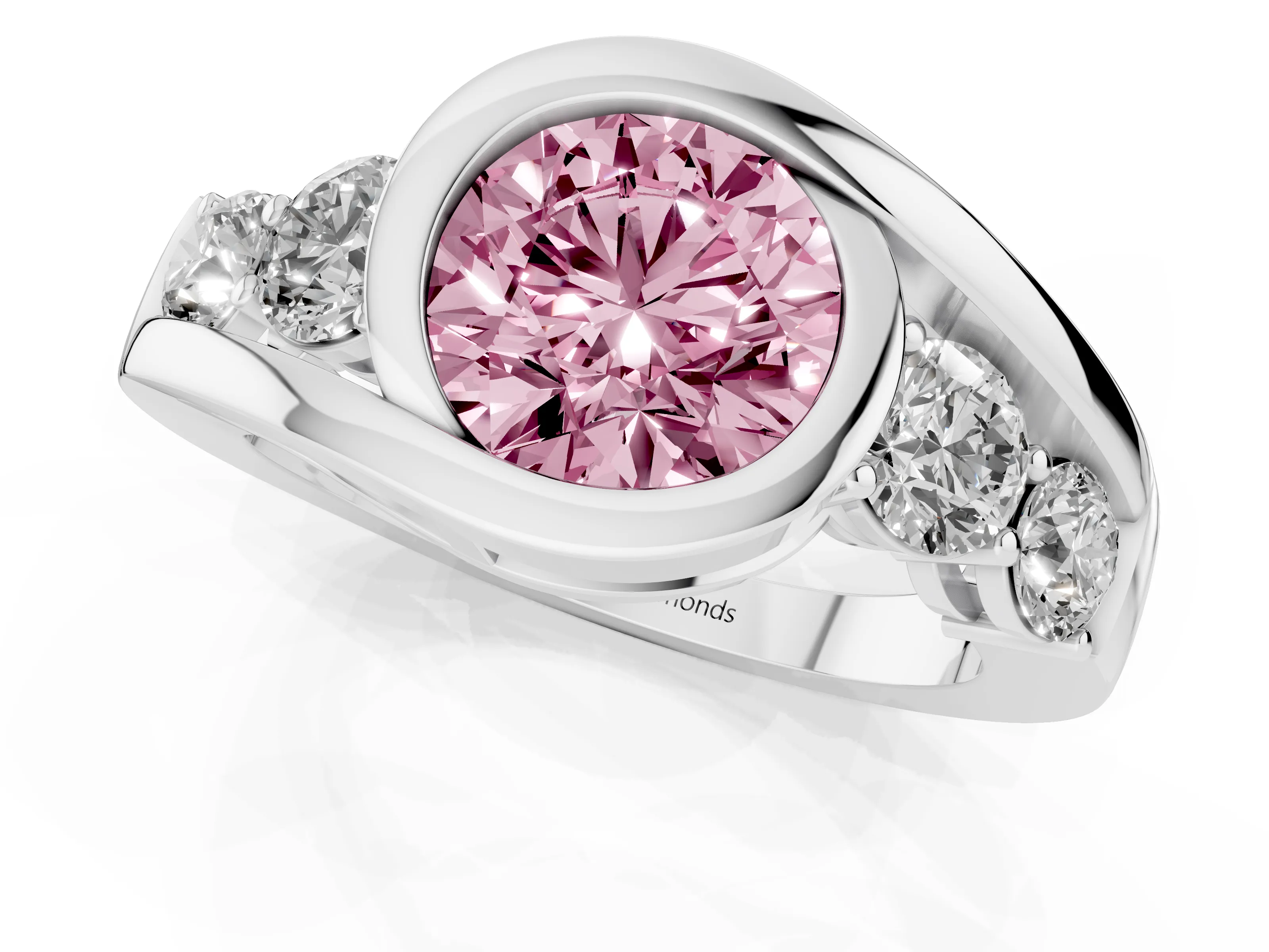 Fancy Pink Round Cut Diamond Bezel Bypass Ring Set in Silver with Round Accents