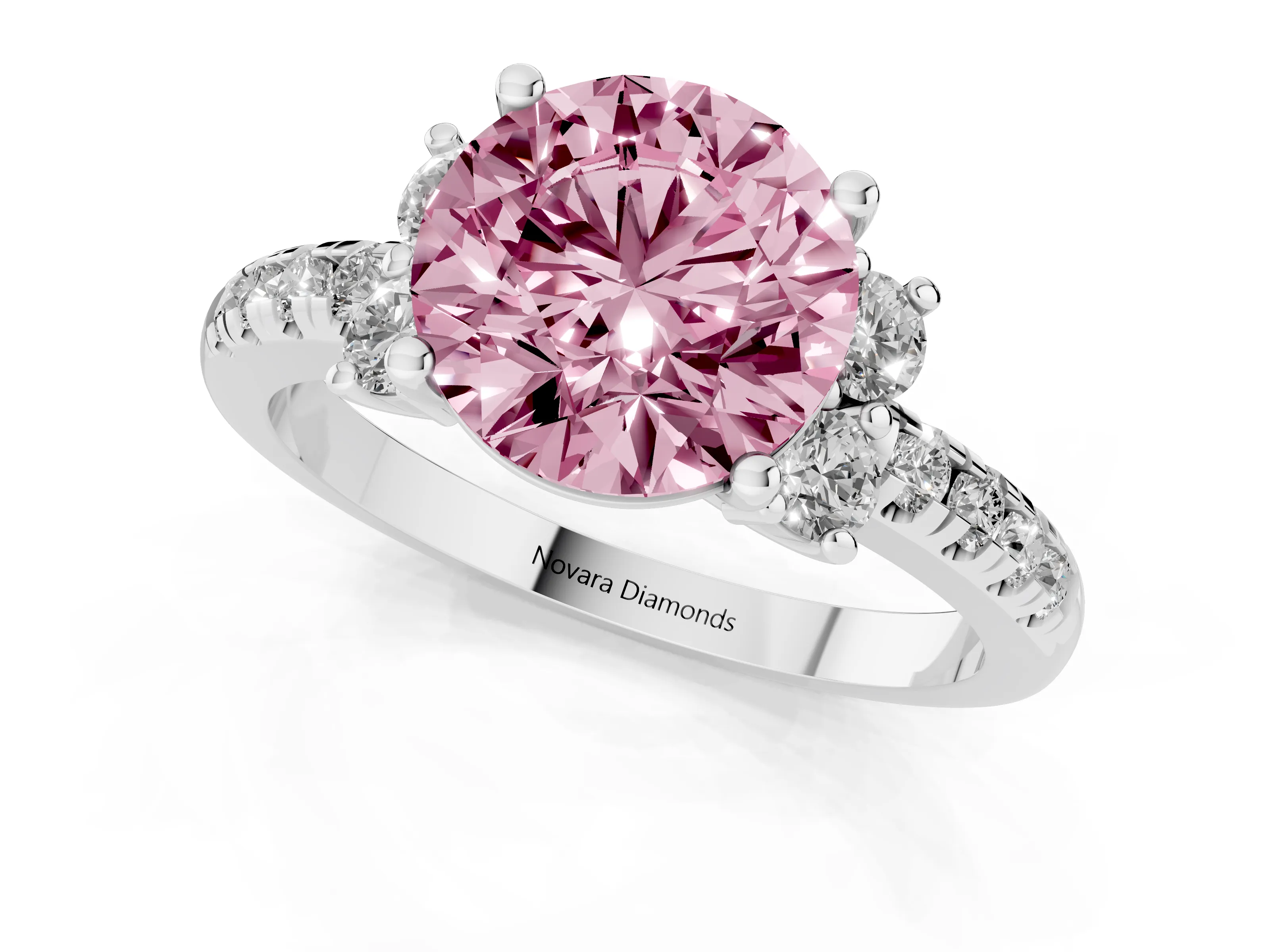 Fancy Pink Round Cut Diamond Three-Stone Pavé Ring Set in Silver with Prong Setting