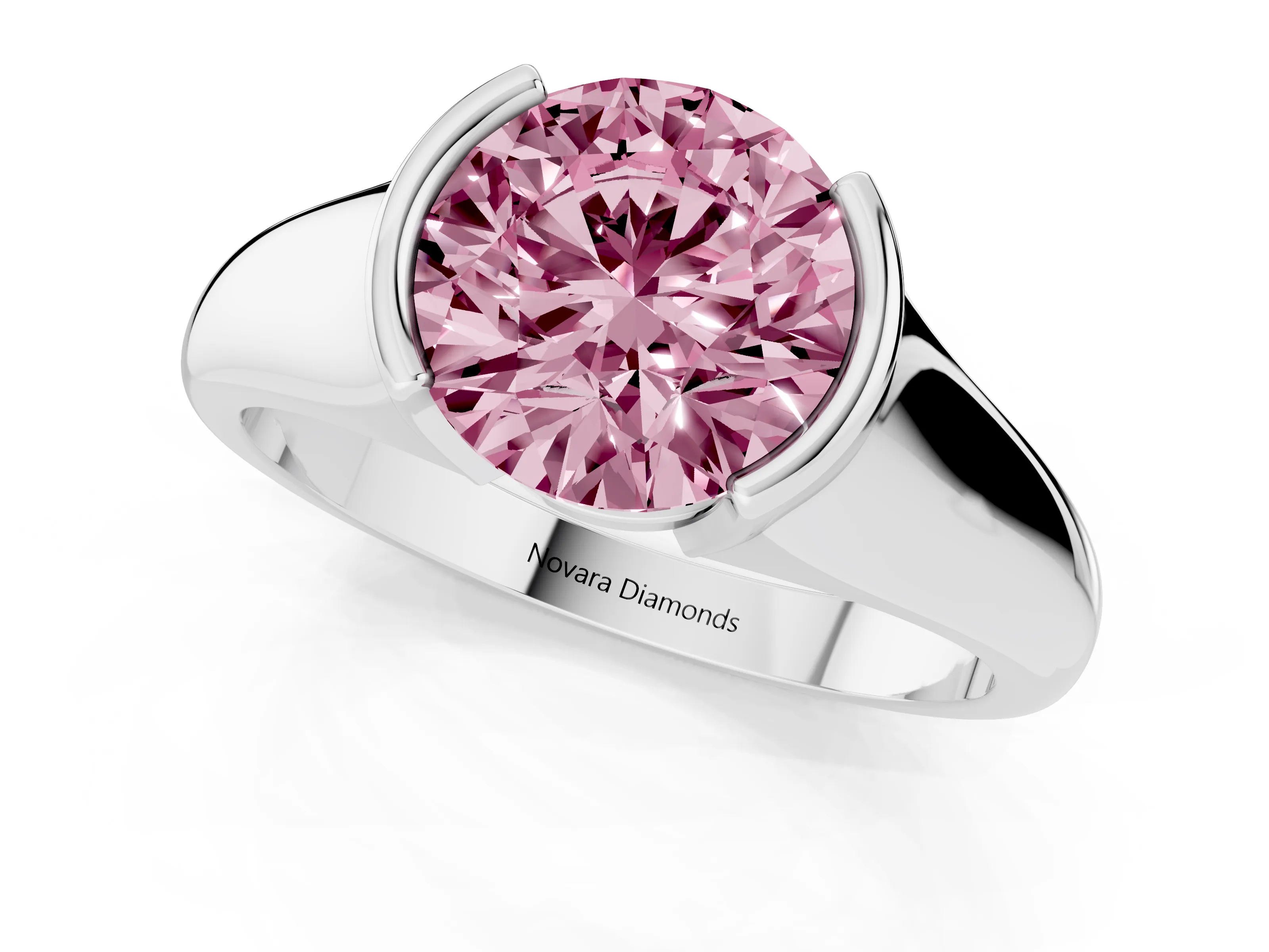 Fancy Pink Round Cut Diamond Solitaire Tension Set Ring Set in Platinum with Split Shank Band