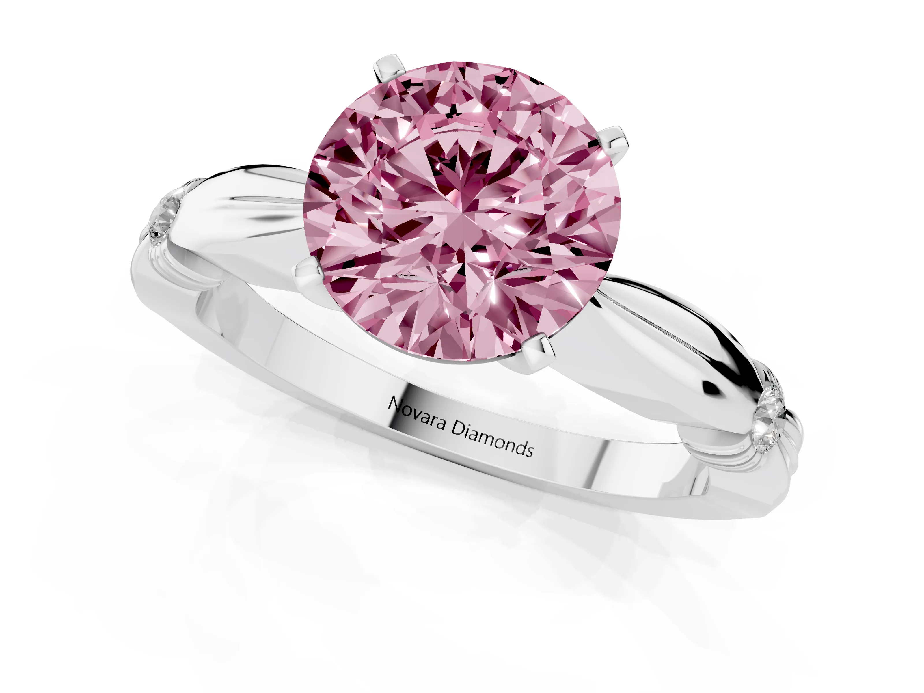Fancy Pink Round Cut Diamond Solitaire Twisted Band Ring Set in White gold with Accent Stones and Prong Setting – second view