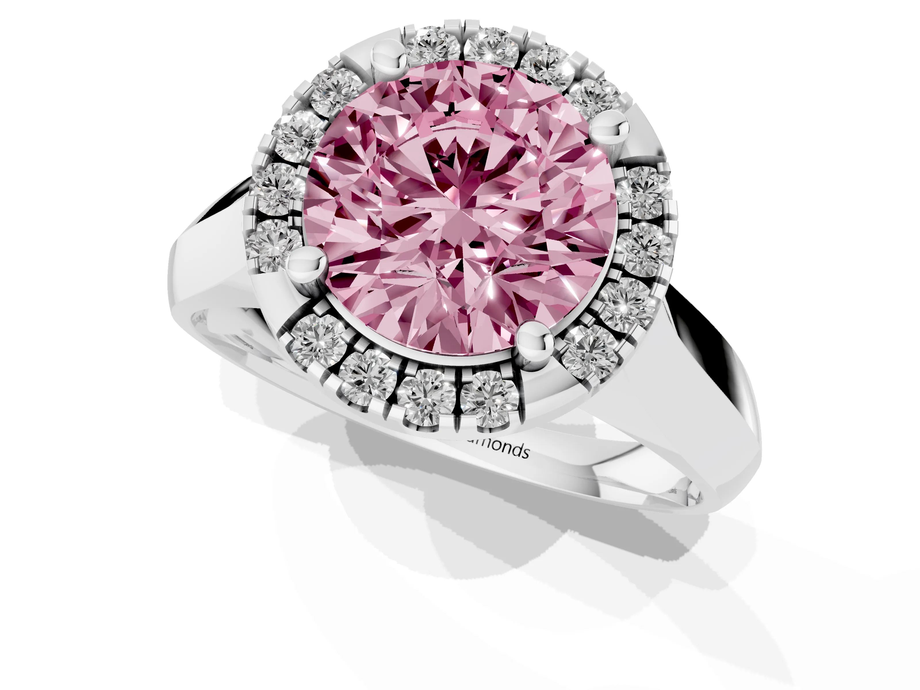 Fancy Pink Round Cut Diamond Halo Solitaire Engagement Ring Set in White gold with Square Band and Prong Setting