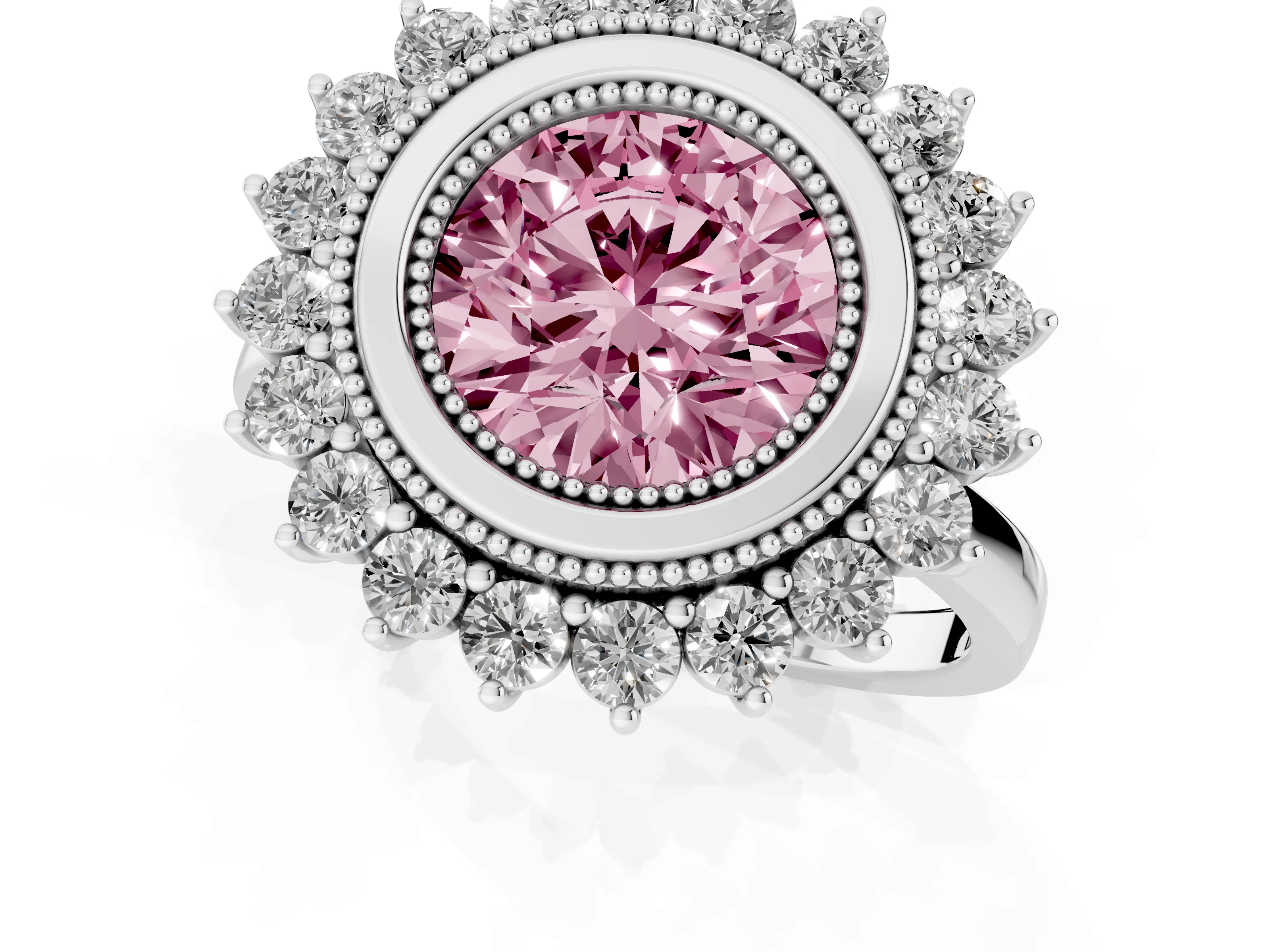 Fancy Pink Round Cut Diamond Halo Ring Set in Silver with Milgrain Edge and Round Prong Setting