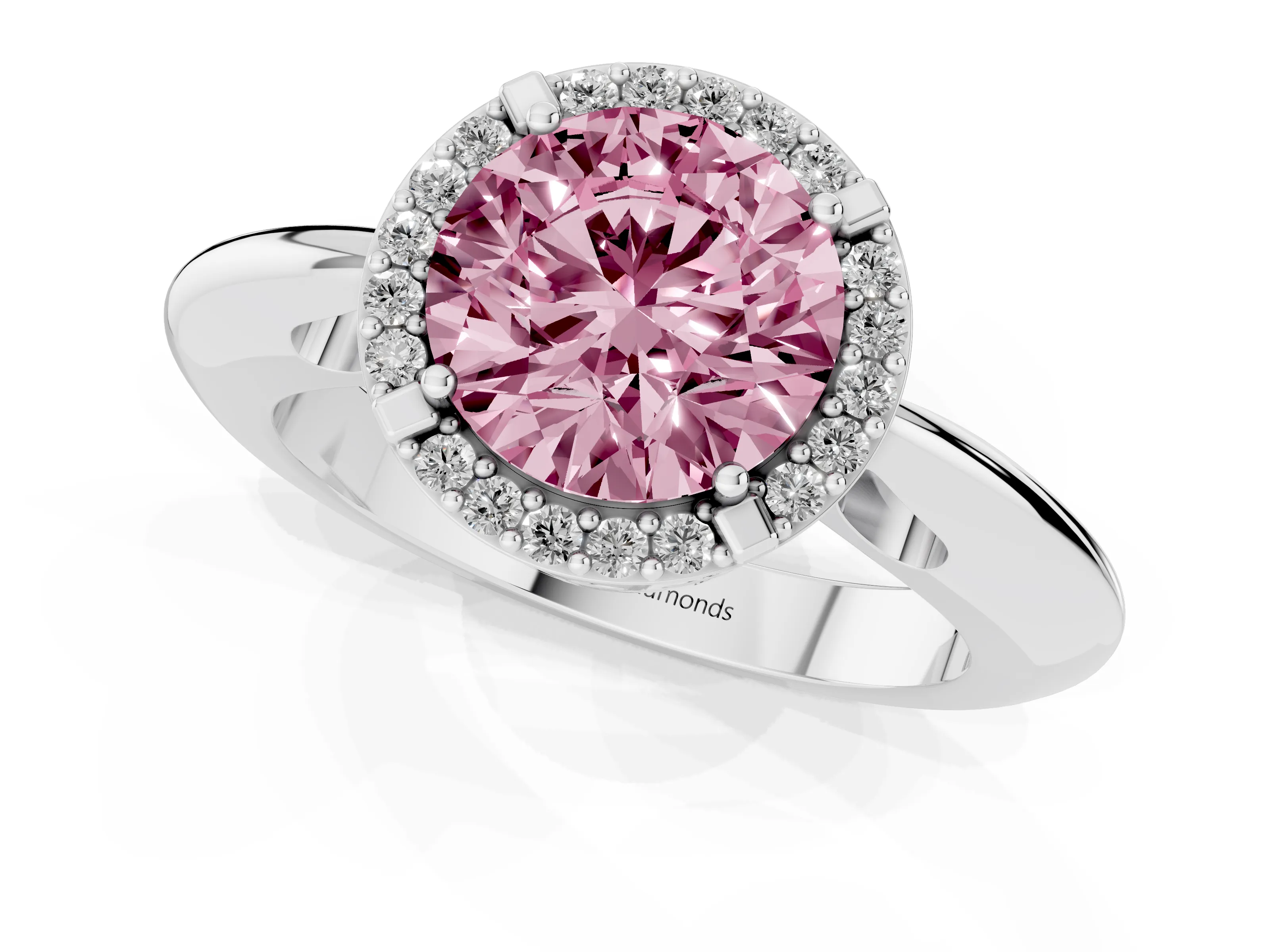 Fancy Pink Round Cut Diamond Halo Engagement Ring Set in Platinum with Plain Split Shank and Prong Setting