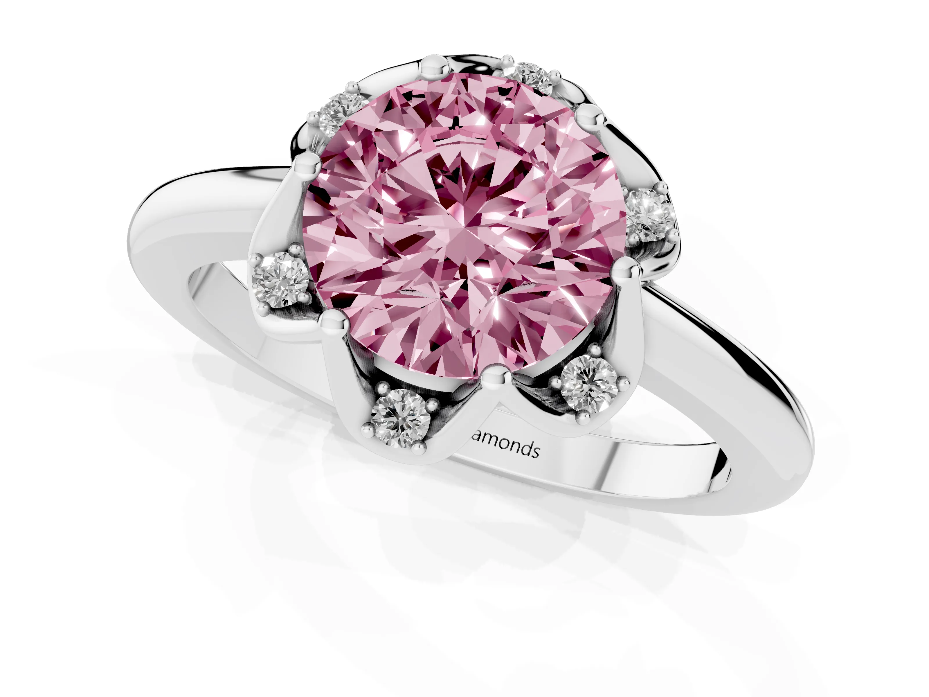 Fancy Pink Round Cut Diamond Round Cluster Halo Ring Set in Platinum with Solitaire Band and Prong Setting