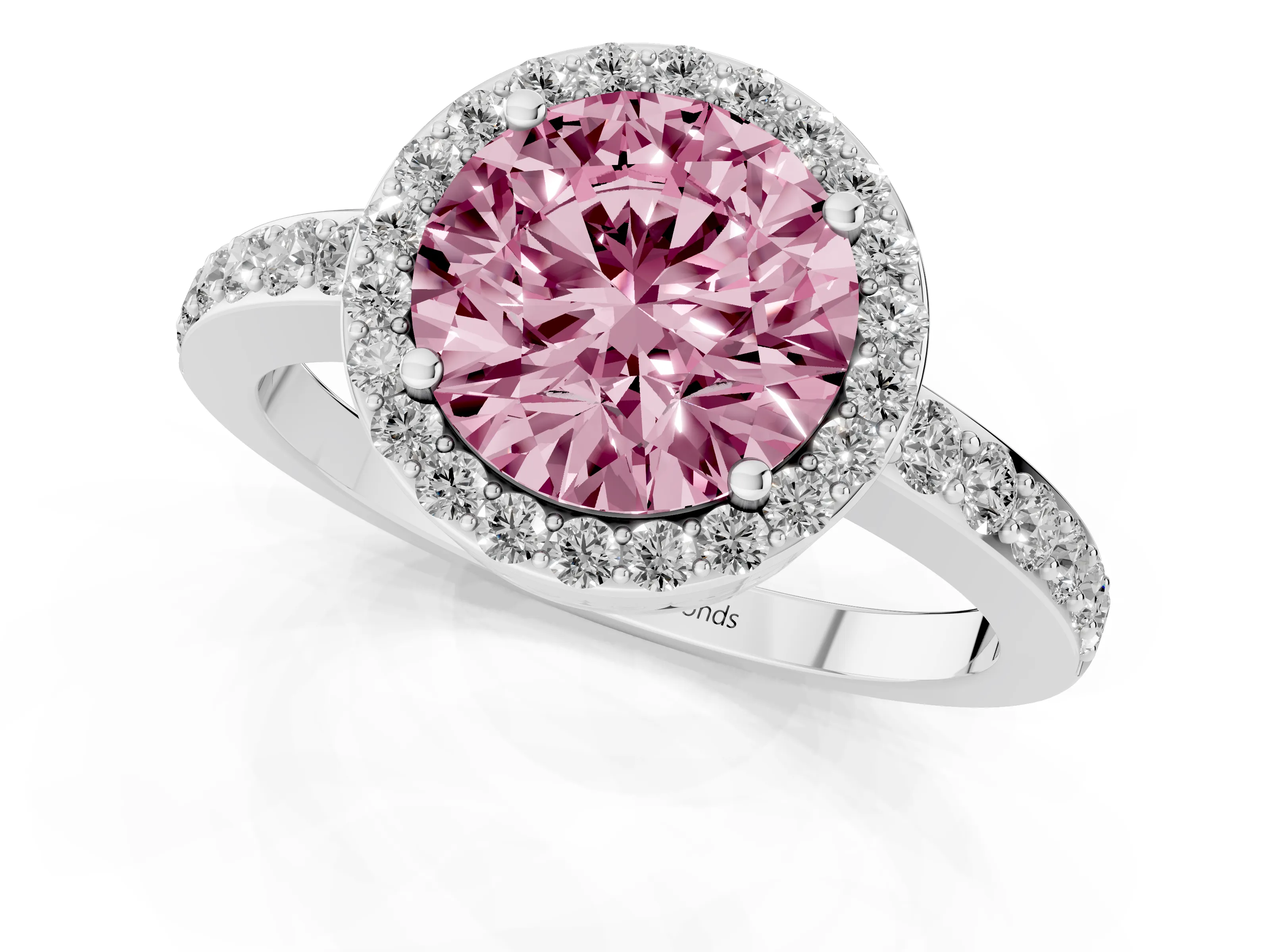 Fancy Pink Round Cut Diamond Halo Ring Set in White gold with Pavé-Setting Band and Open Prong Center