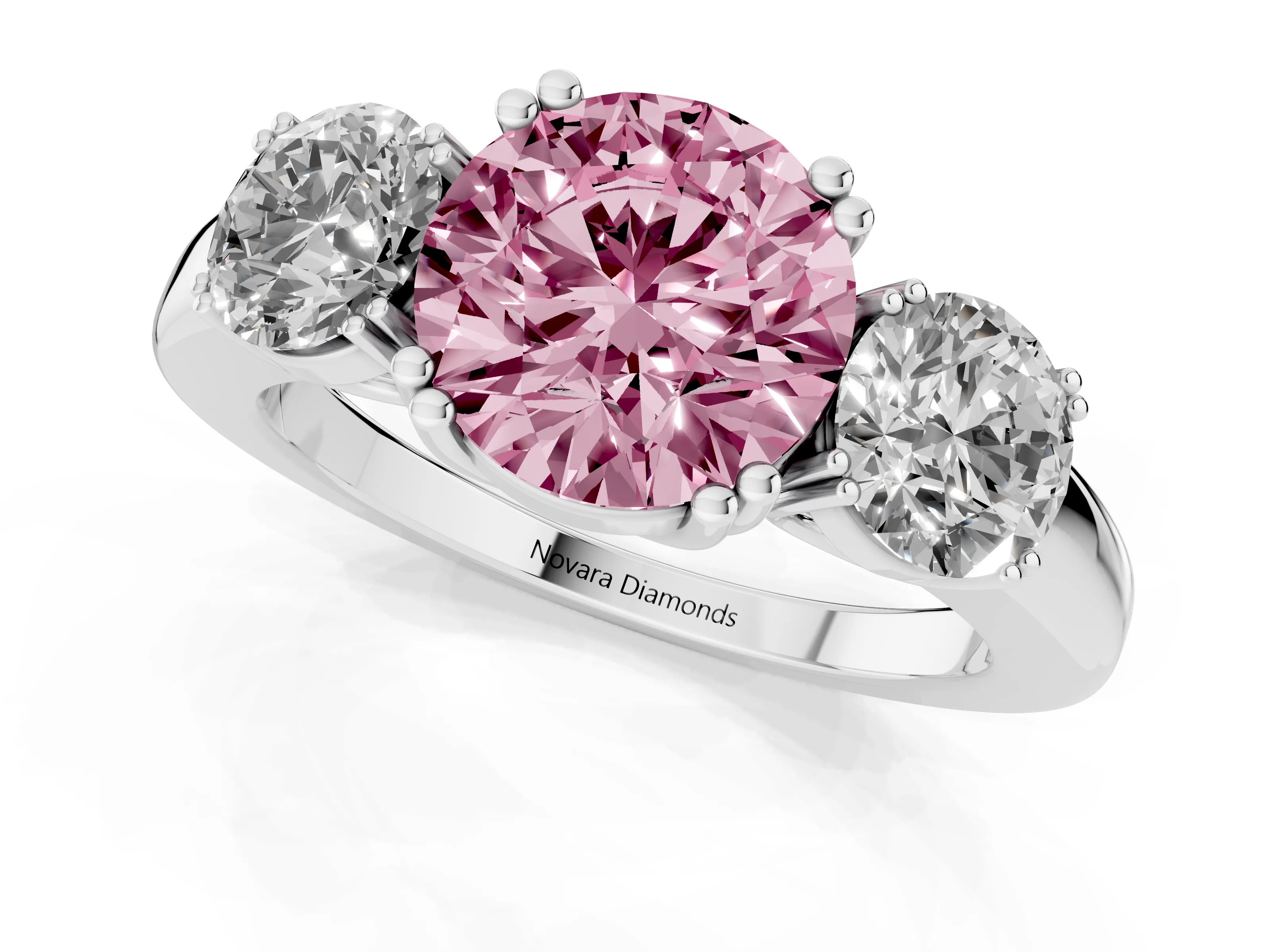 Fancy Pink Round Cut Diamond Three-Stone Ring Set in White gold with Polished Channel-Set Band