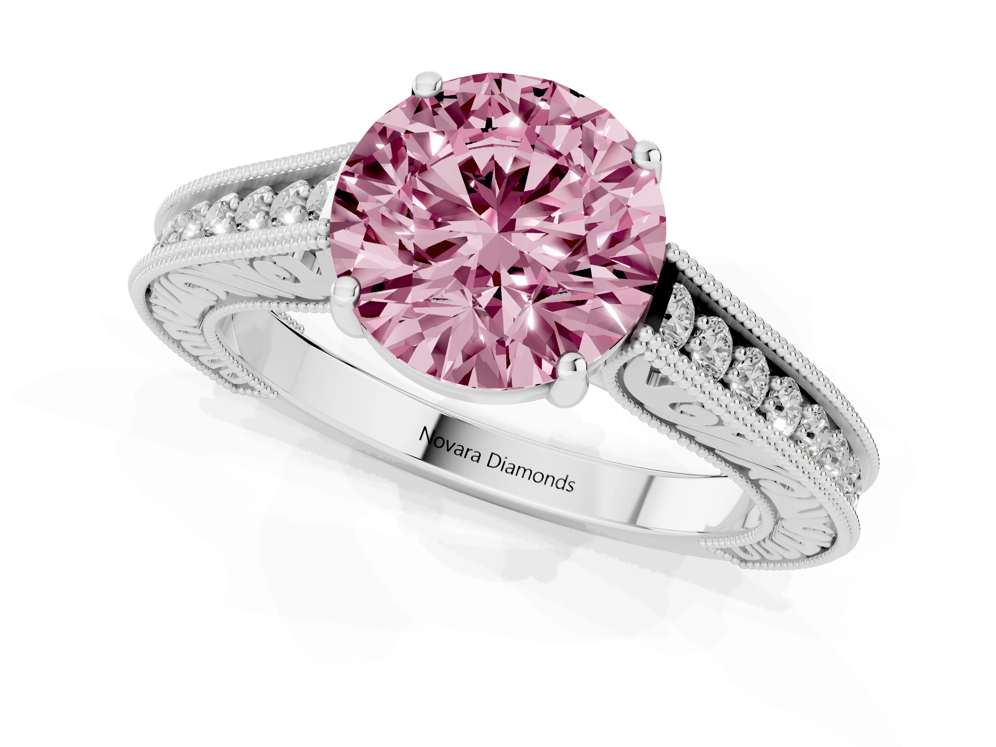 Fancy Pink Round Cut Diamond Milgrain Pavé Band Solitaire Ring Set in Silver with Prong Setting