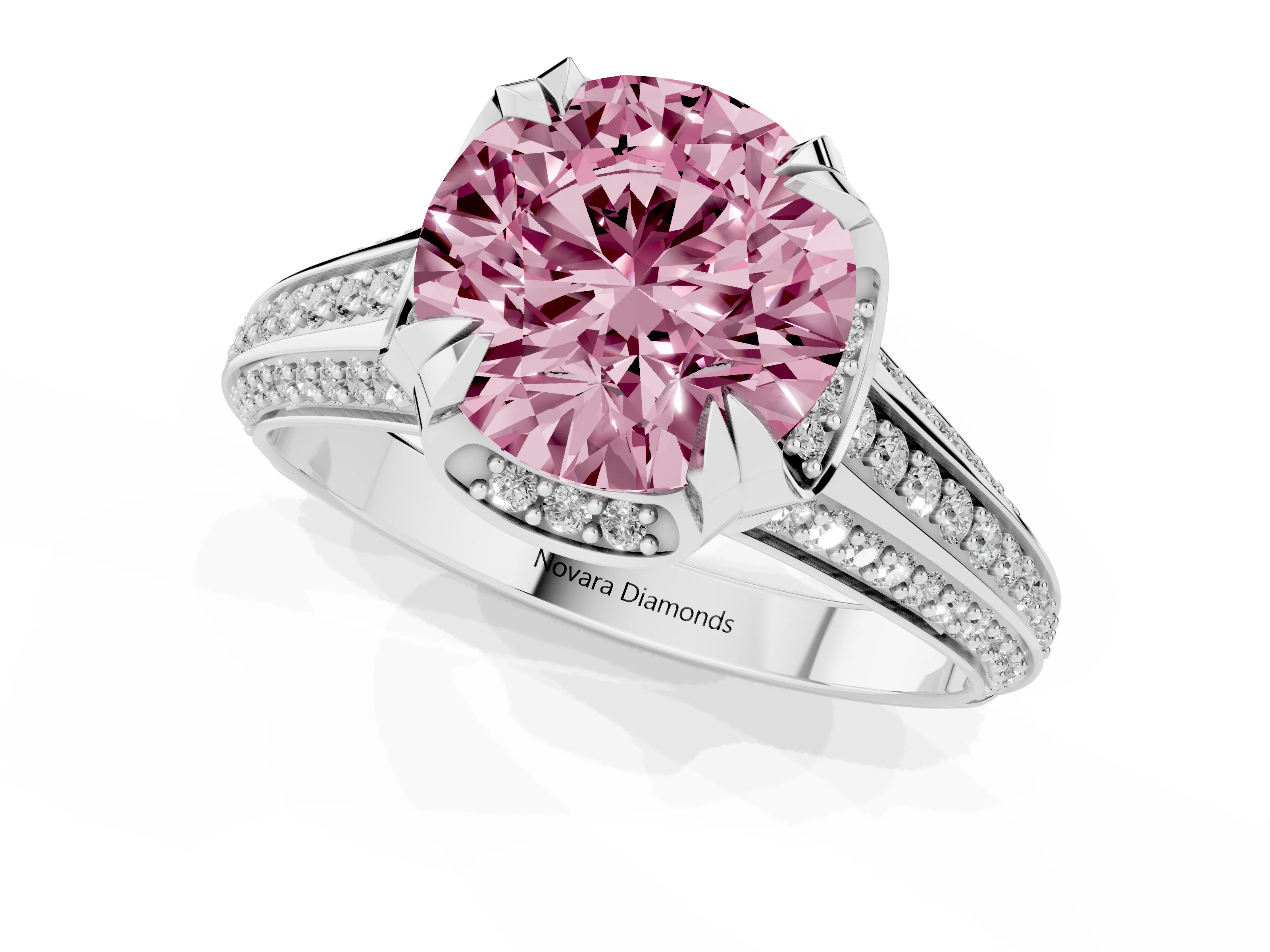Fancy Pink Round Cut Diamond Pavé Split Shank Solitaire Ring Set in Platinum with Prong Setting
