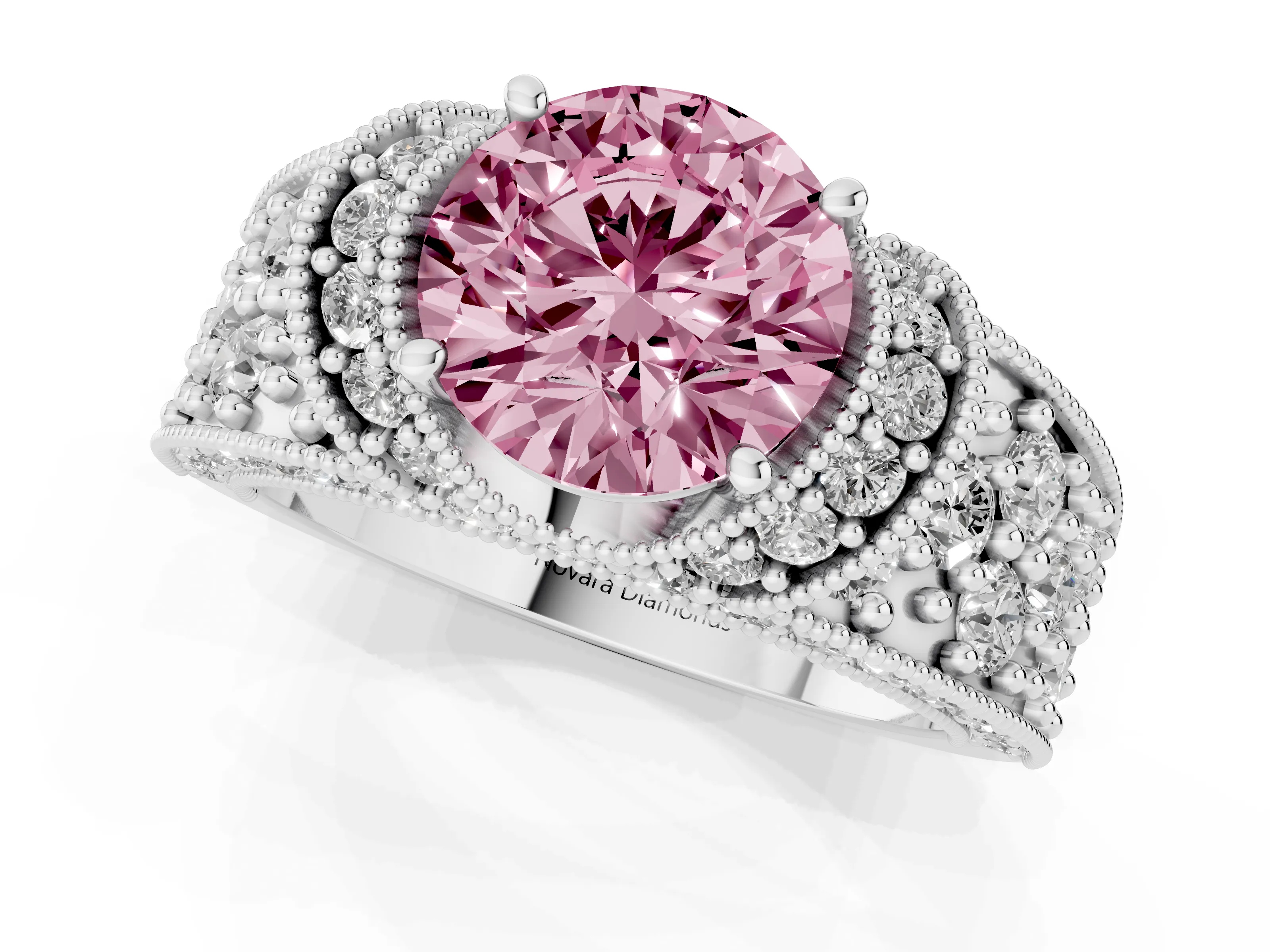 Fancy Pink Round Cut Diamond Milgrain Halo Pavé Engagement Ring Set in Silver with Prong Setting