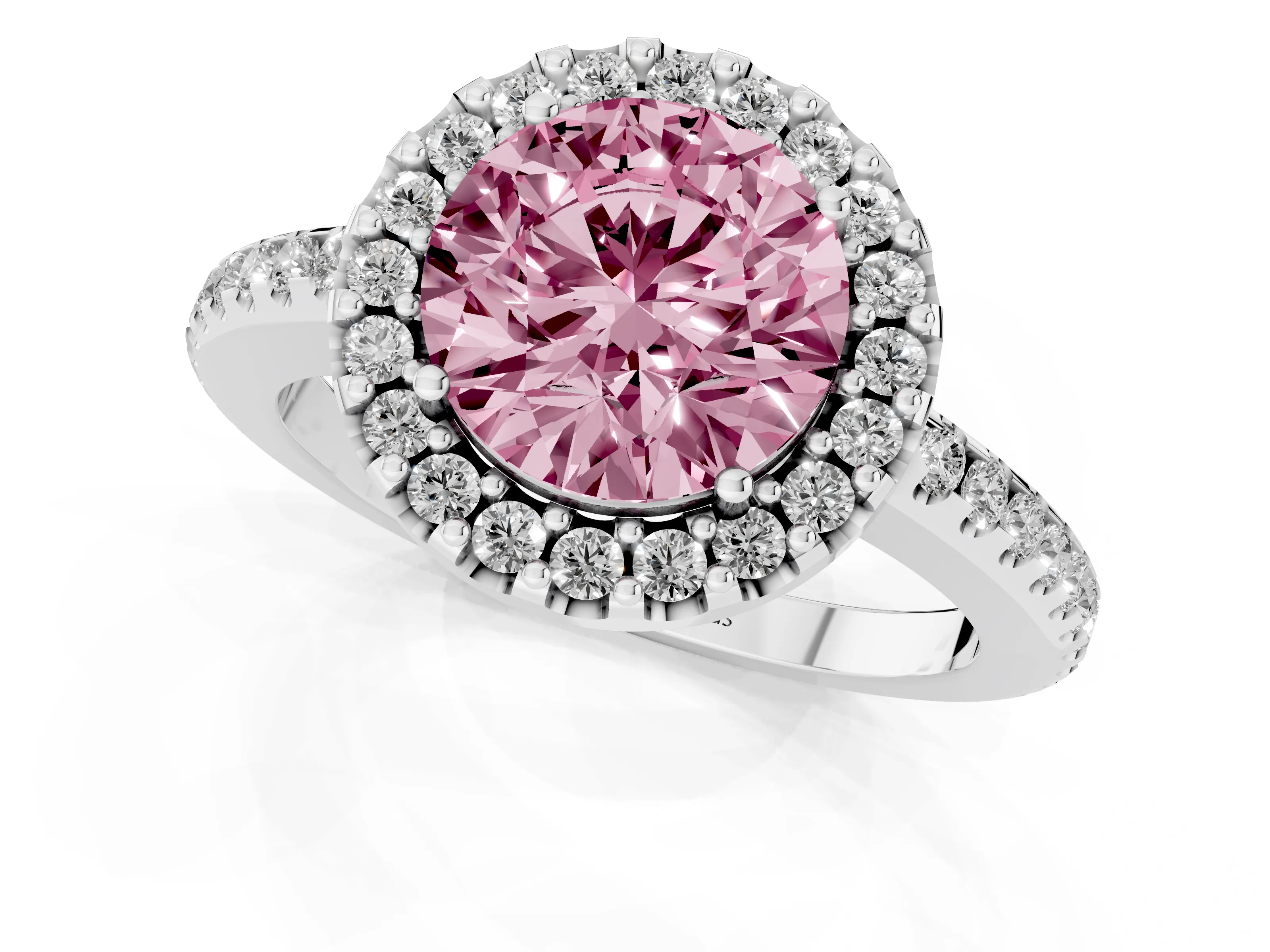 Fancy Pink Round Cut Diamond Pavé Halo Ring Set in Silver with Prong Setting