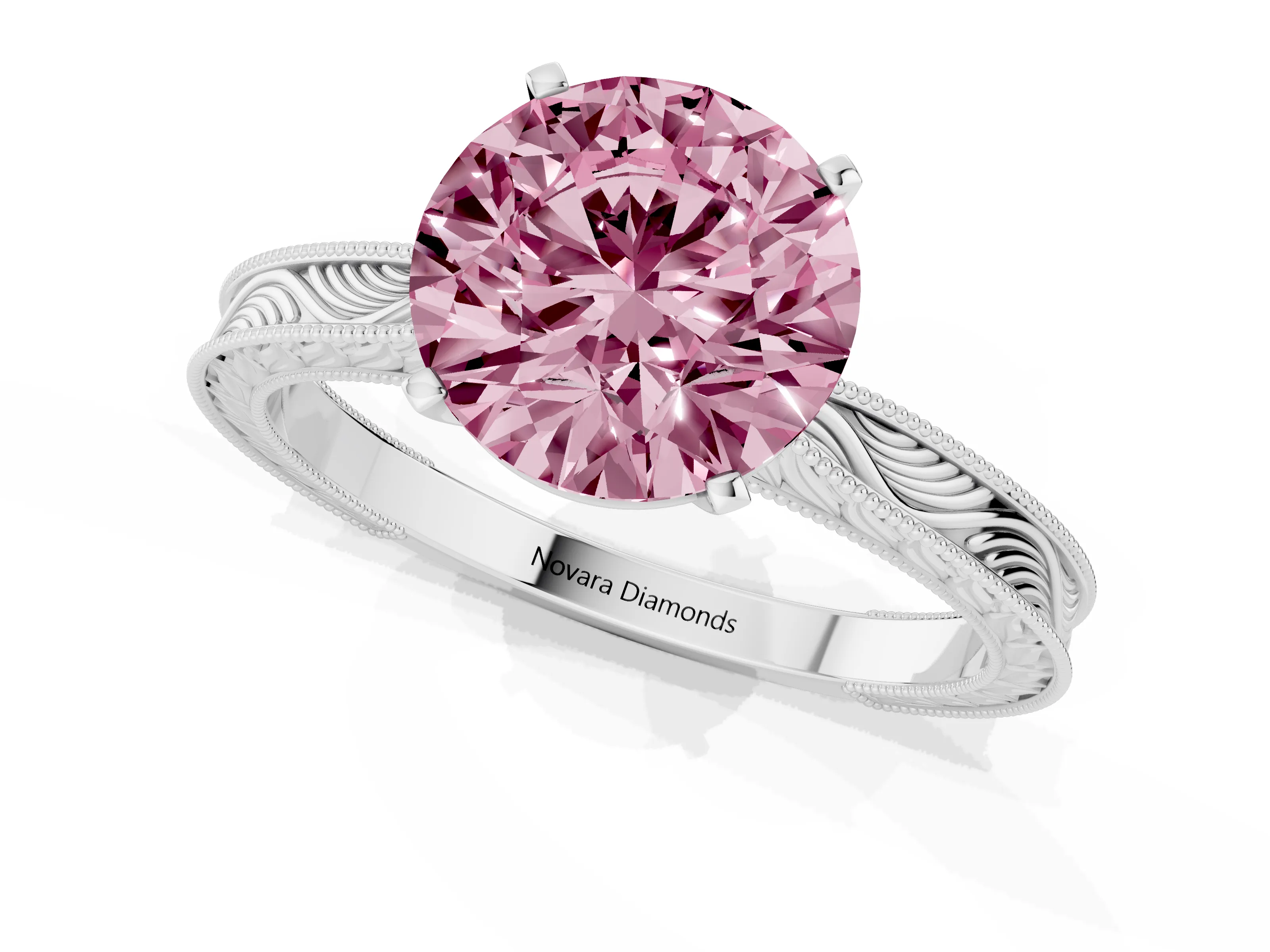 Fancy Pink Round Cut Diamond Solitaire Milgrain Engraved Band Set in Platinum with Prong Setting