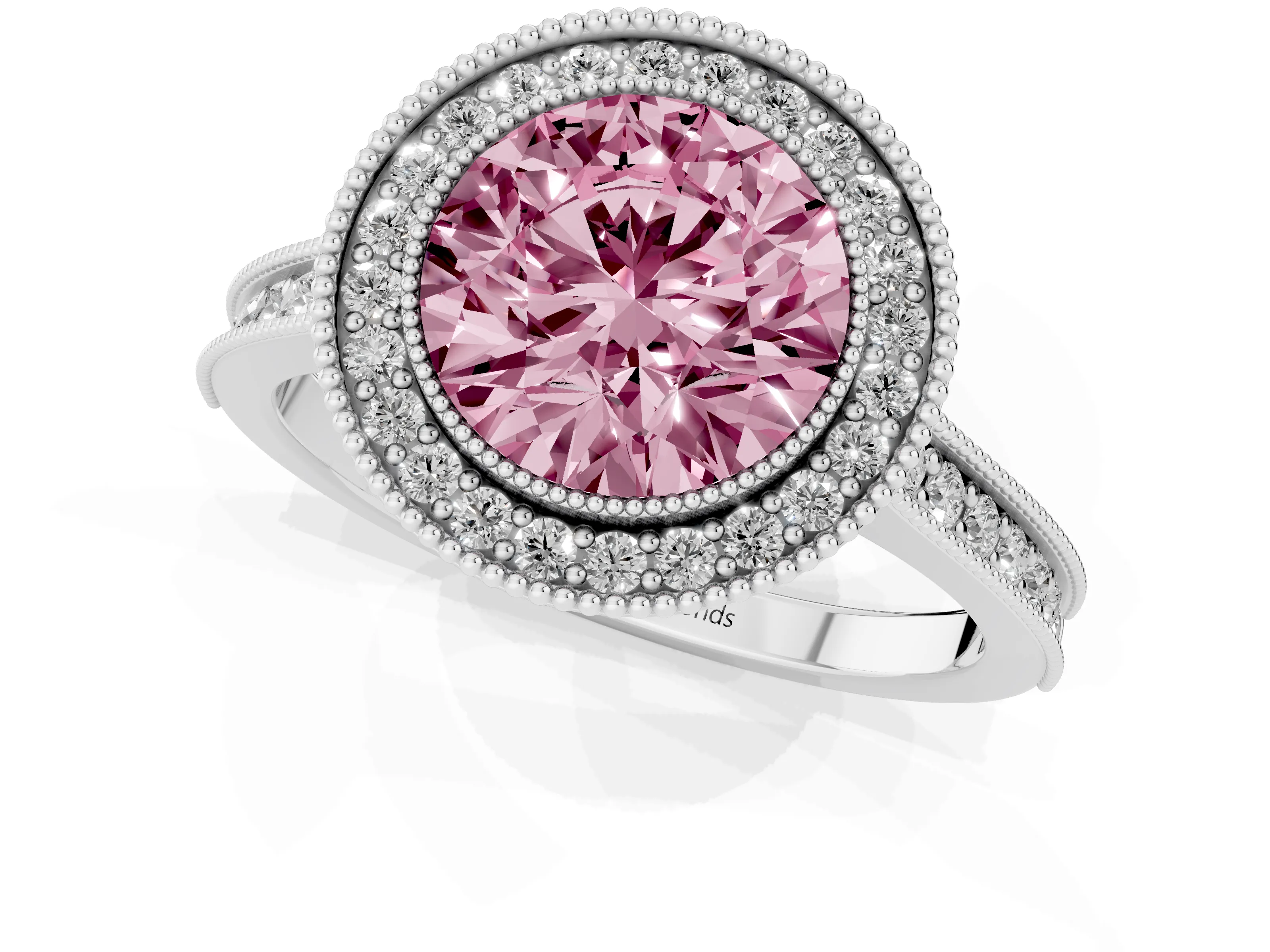 Fancy Pink Round Cut Diamond Halo Milgrain Pavé Band Ring Set in Platinum with Prong Setting