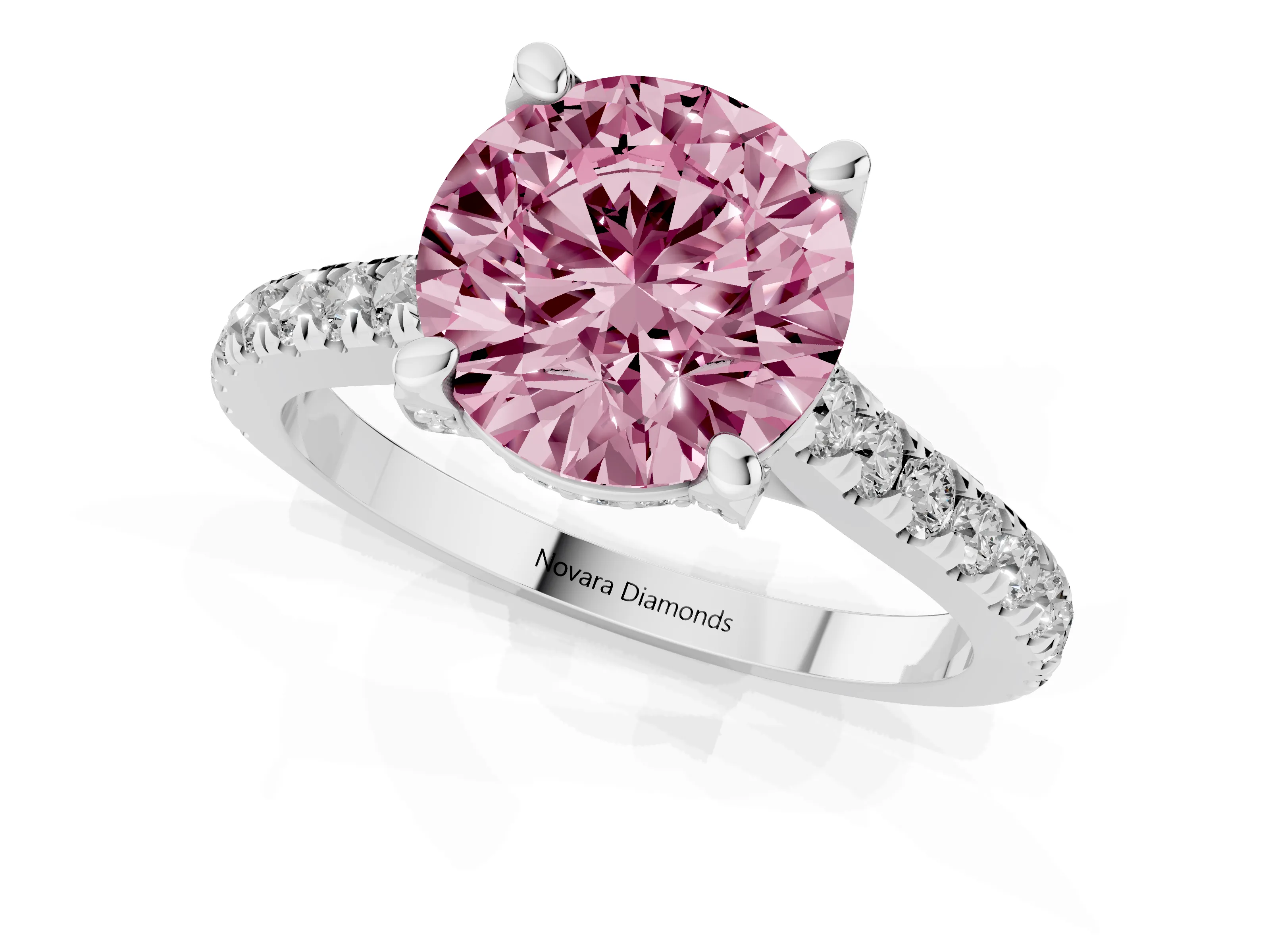Fancy Pink Round Cut Diamond Solitaire Ring Set in Platinum with Brilliant Pavé Band and Prong Setting