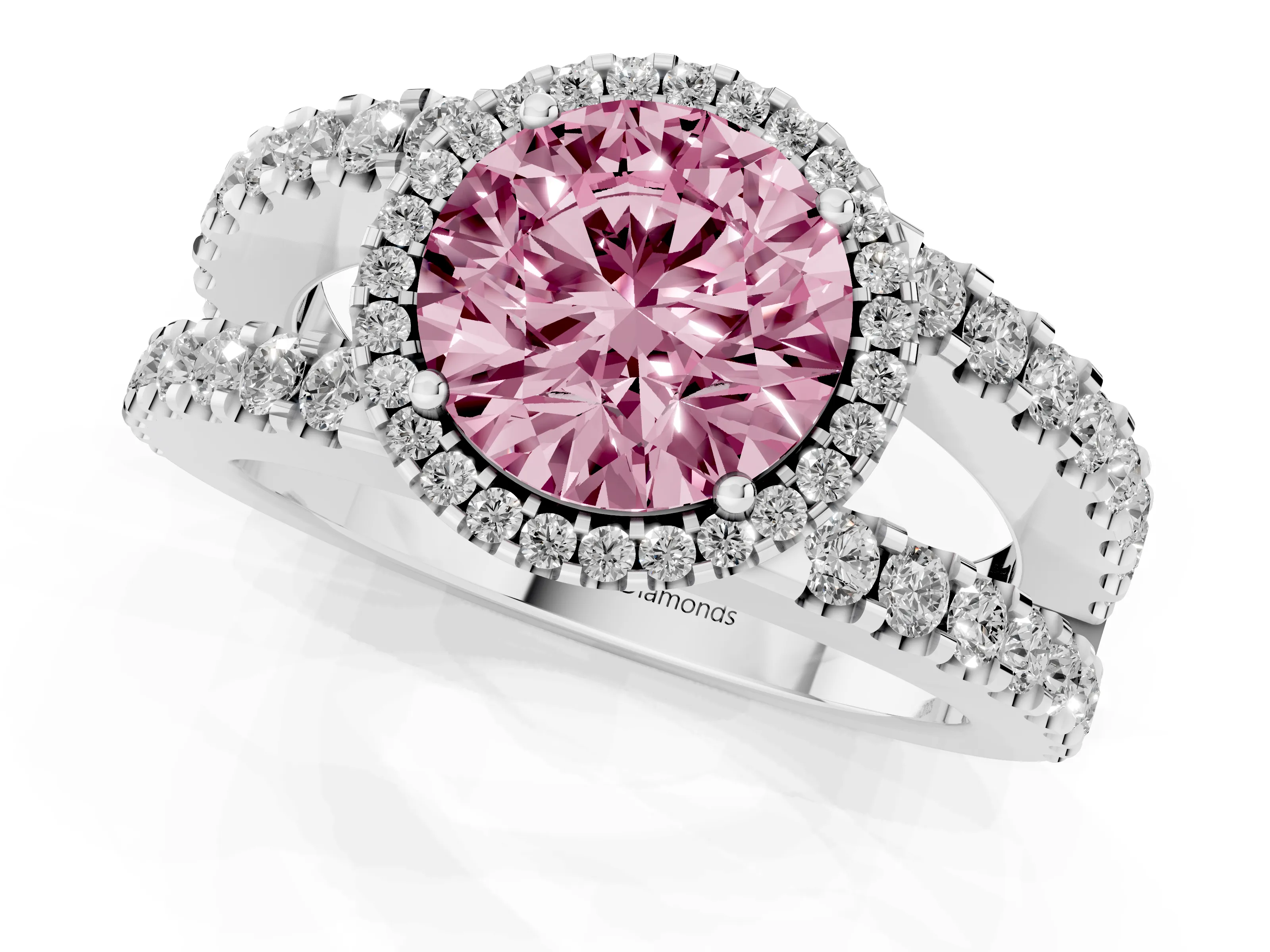 Fancy Pink Round Cut Diamond Halo Ring Set in White gold with Pavé Split Shank and Prong Setting