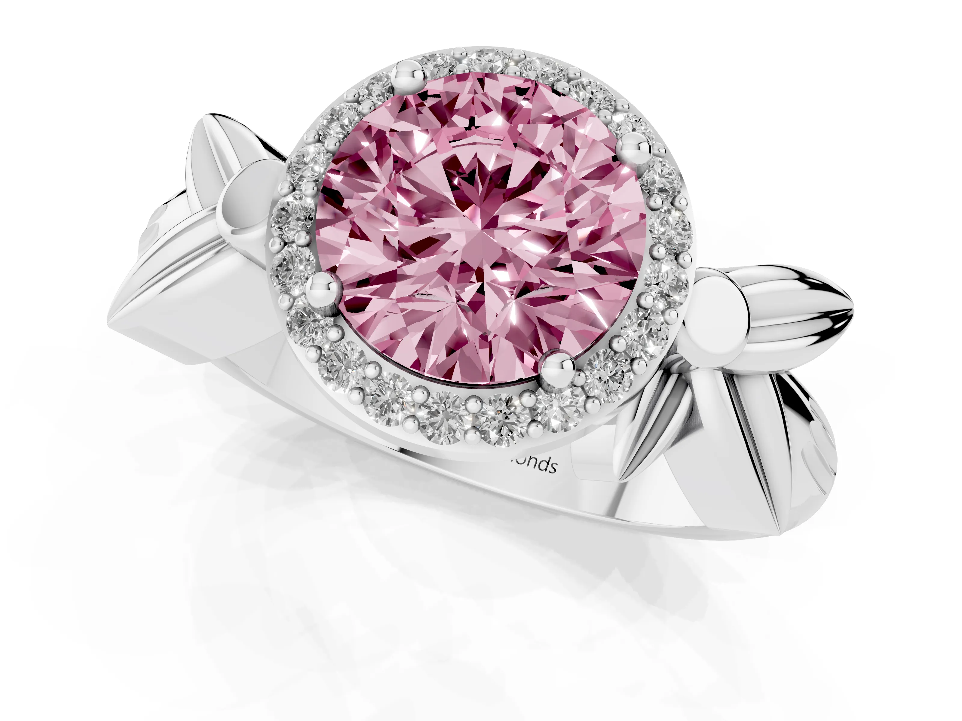 Fancy Pink Round Cut Diamond Halo Floral Band Ring Set in Silver with Prong Setting