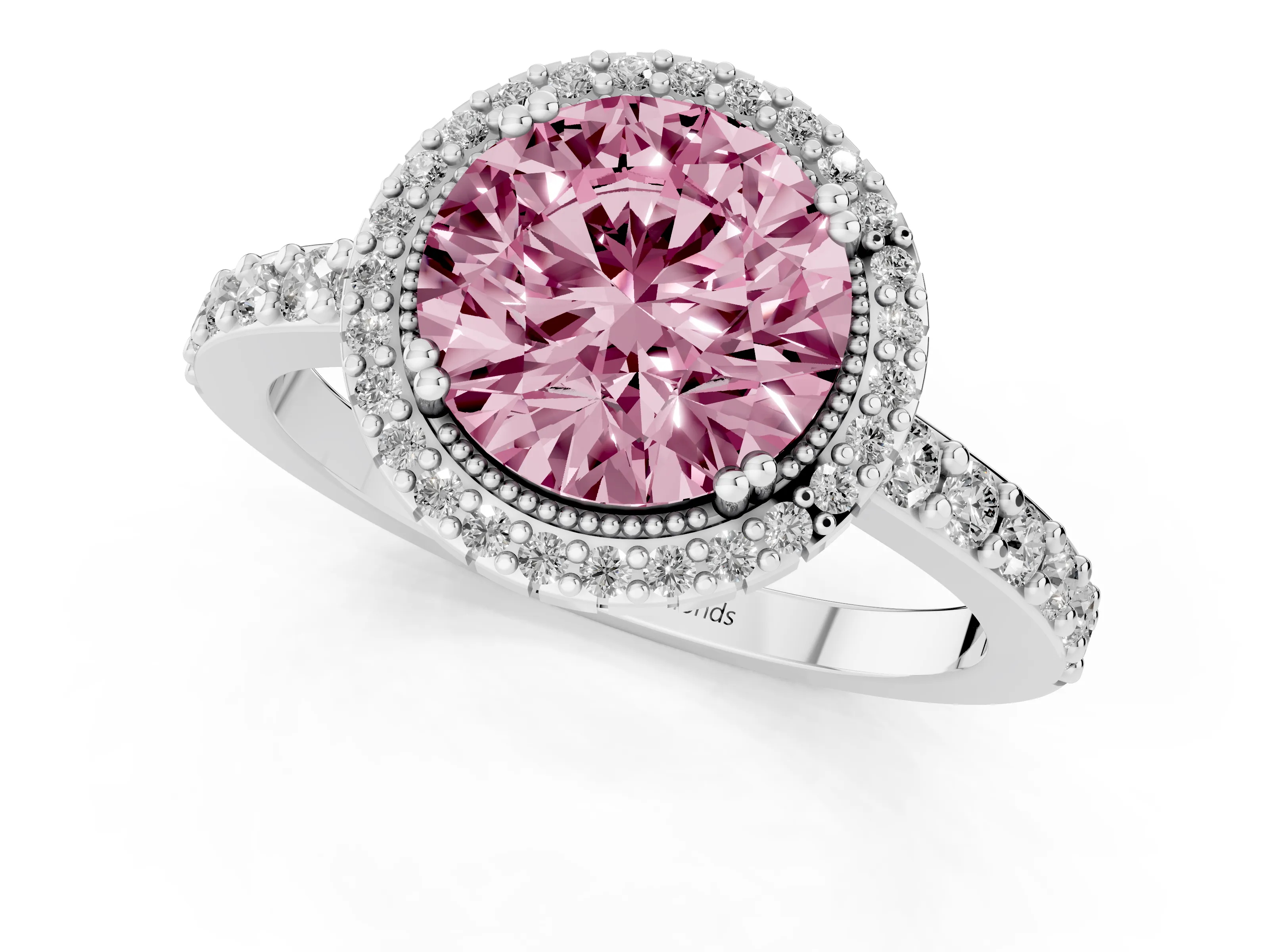 Fancy Pink Round Cut Diamond Halo Engagement Ring Set in White gold with Milgrain Detail and Pavé Band