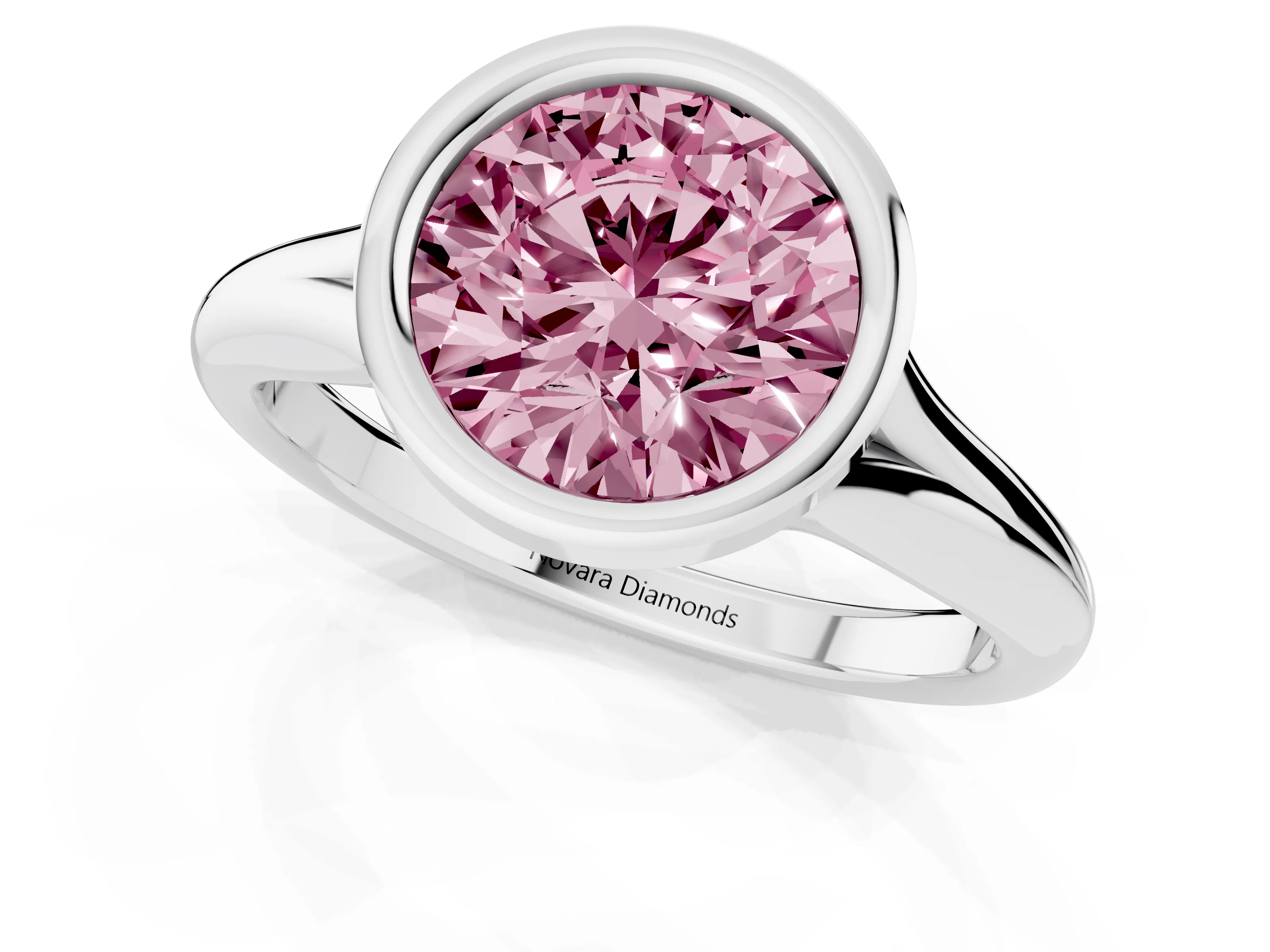 Fancy Pink Bezel Set Round Cut Diamond Solitaire Ring Set in Platinum with Smooth Band
