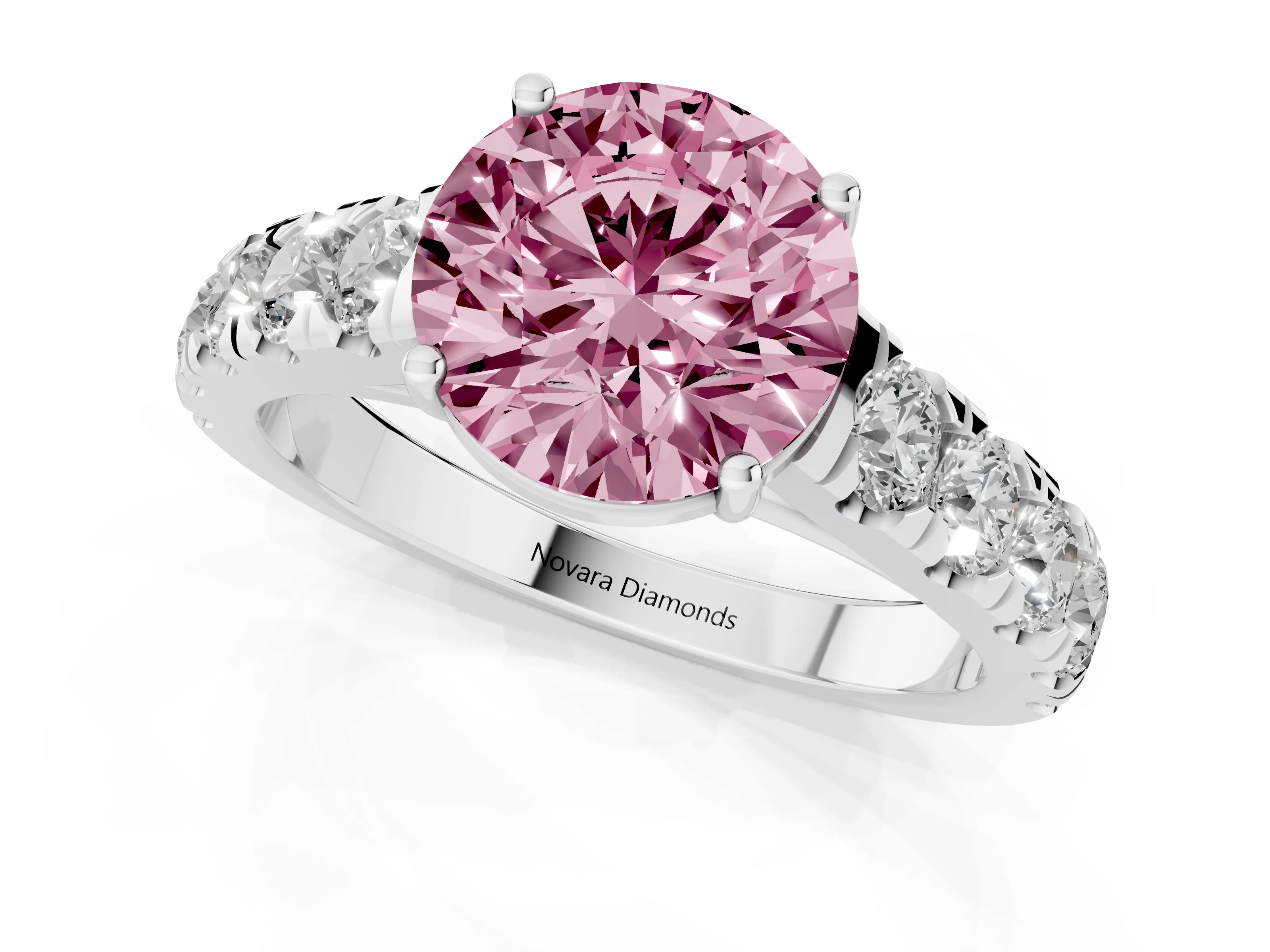 Fancy Pink Round Cut Diamond Solitaire Ring Set in Platinum with Cut-Down Micro Pavé Band and Prong Setting