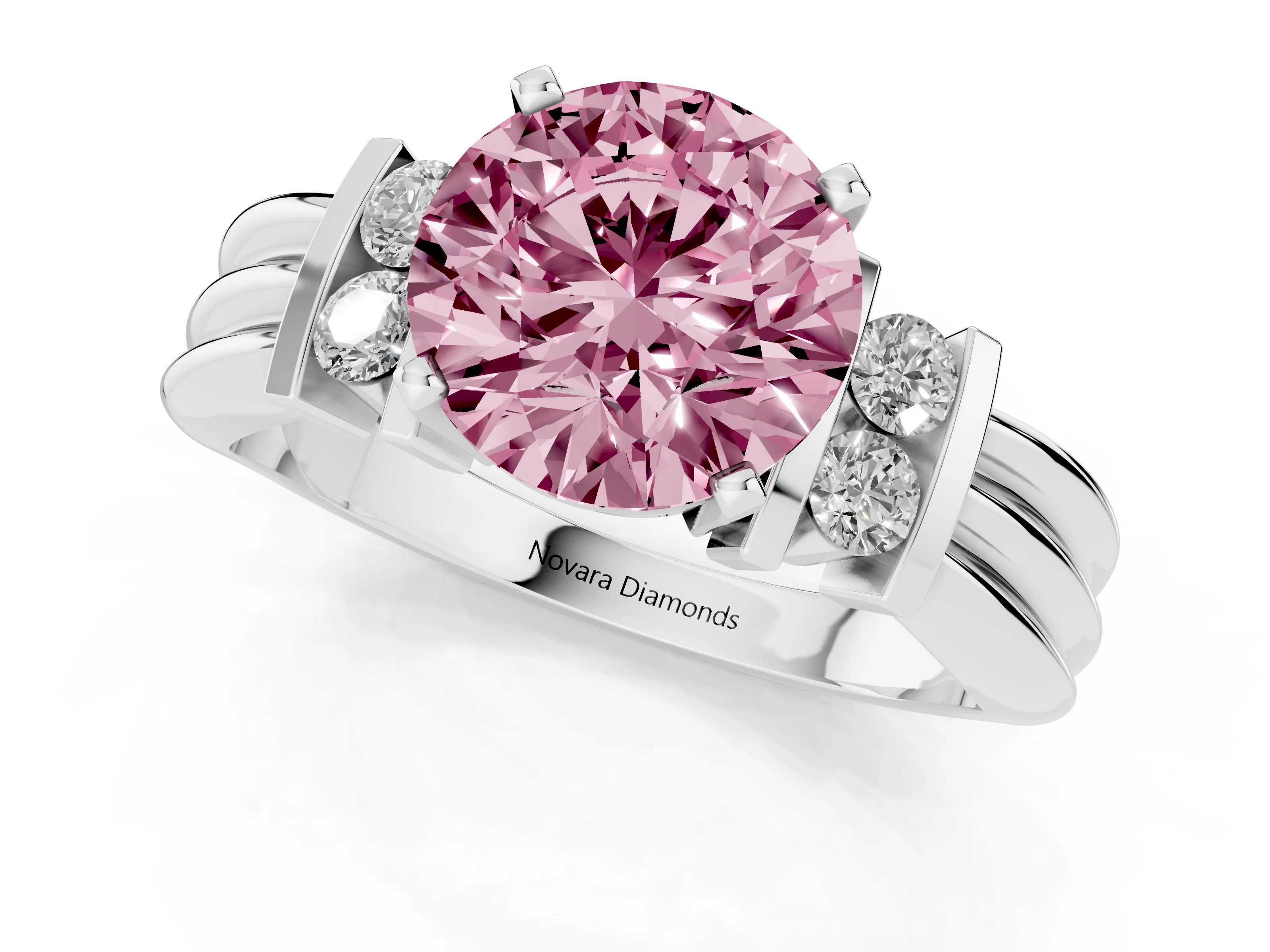 Fancy Pink Three-Stone Round Cut Diamond Channel Set Ring Set in Silver with Bar Prongs