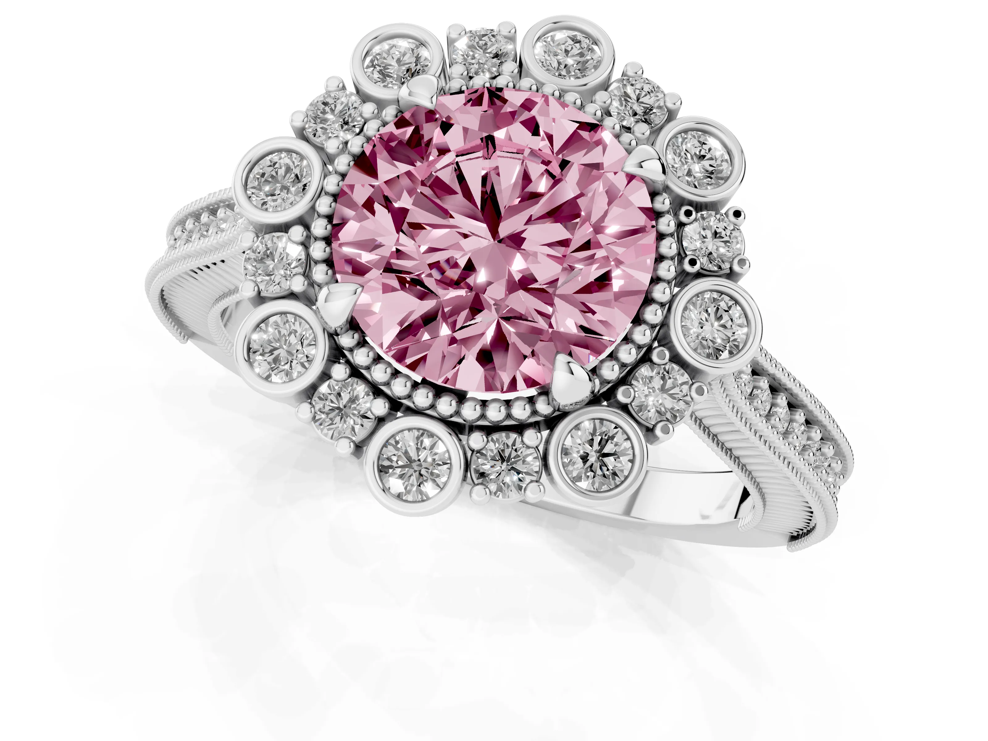 Fancy Pink Round Cut Diamond Halo Milgrain Pavé Ring Set in White gold with Prong Setting
