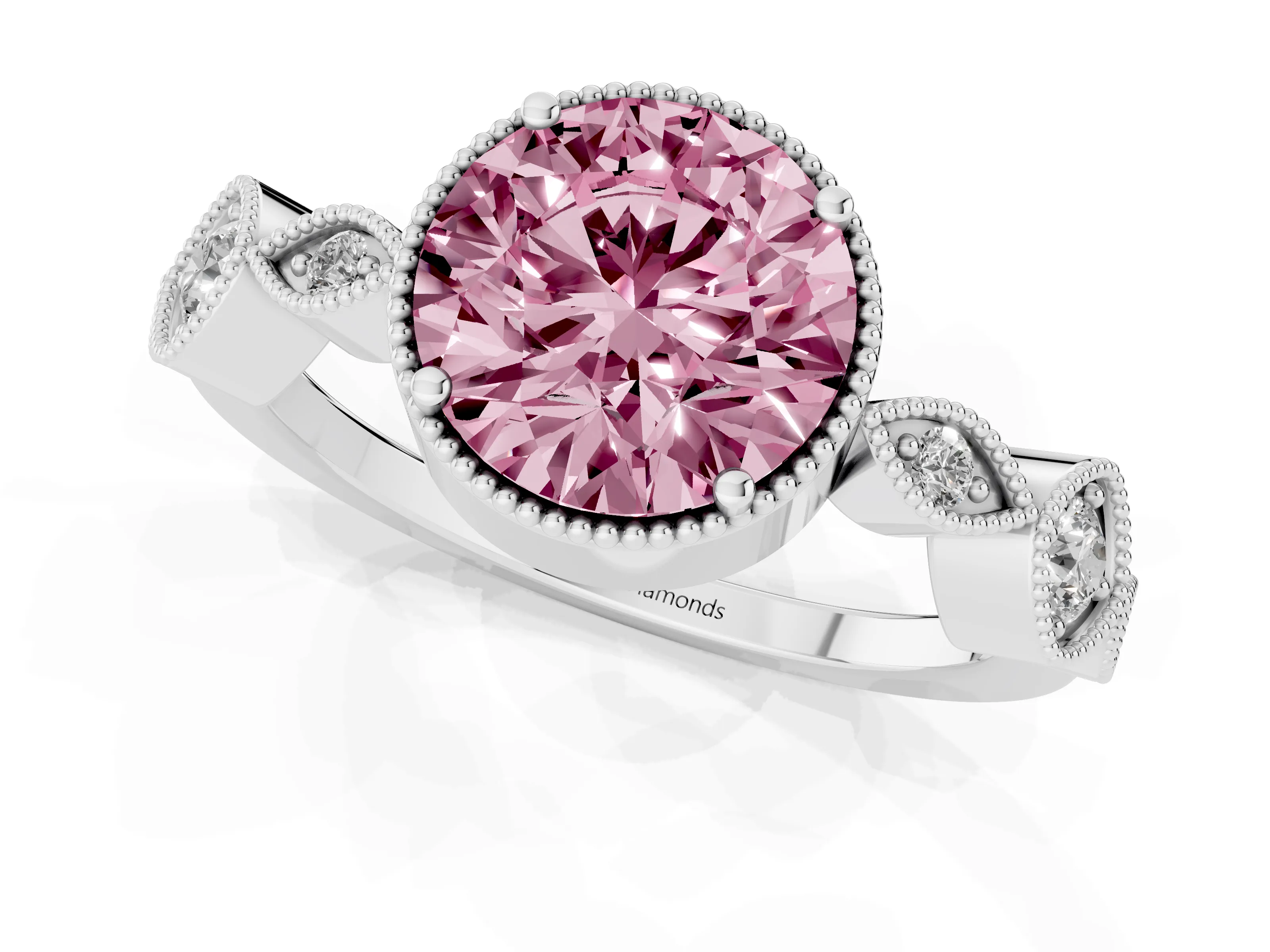 Fancy Pink Round Cut Diamond Vintage-Inspired Milgrain Ring Set in White gold with Marquise Stations of Round Accents