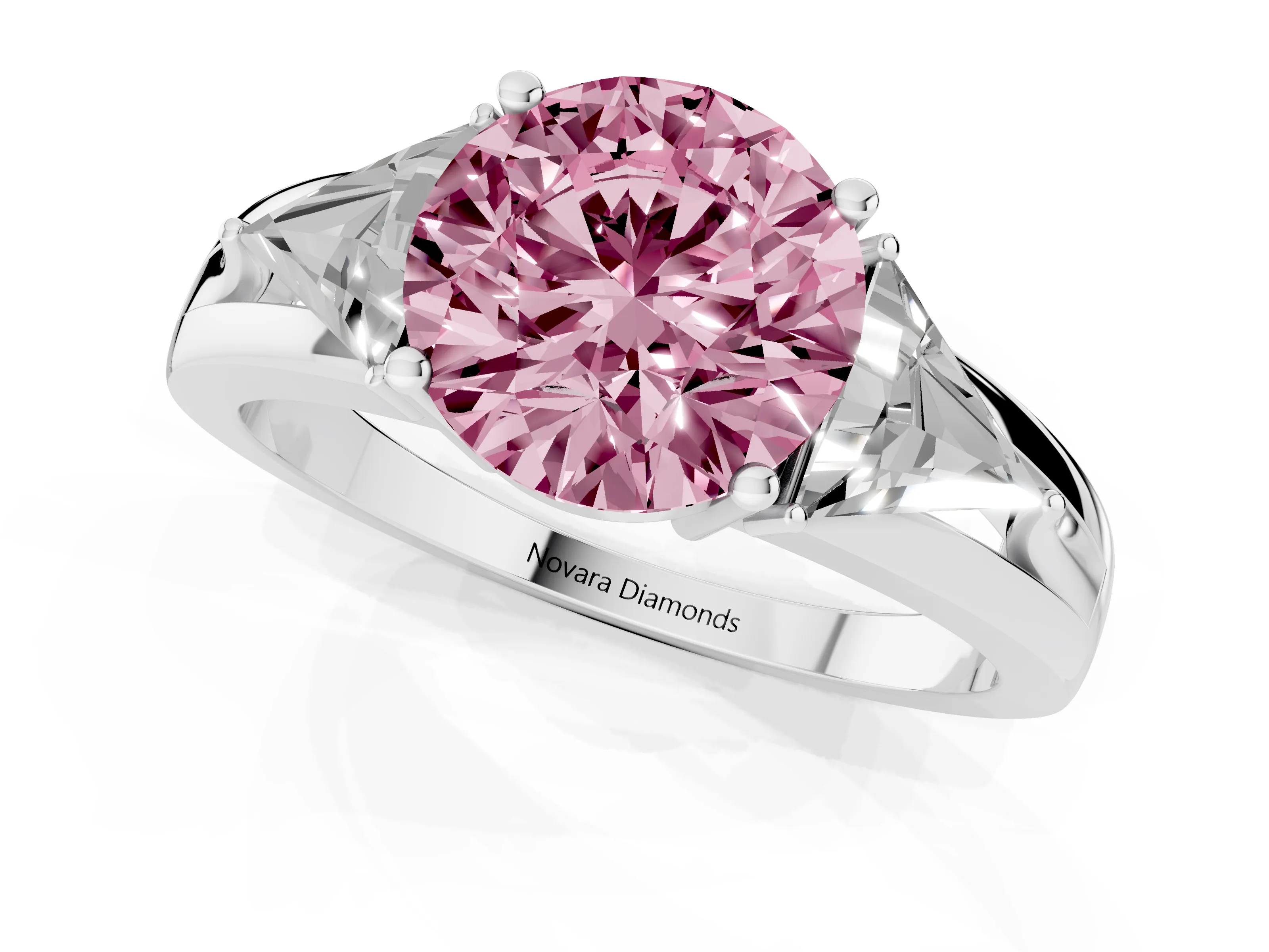 Fancy Pink Round Cut Diamond Three-Stone Ring Set in Silver with Trillion Side Stones and Split Shank