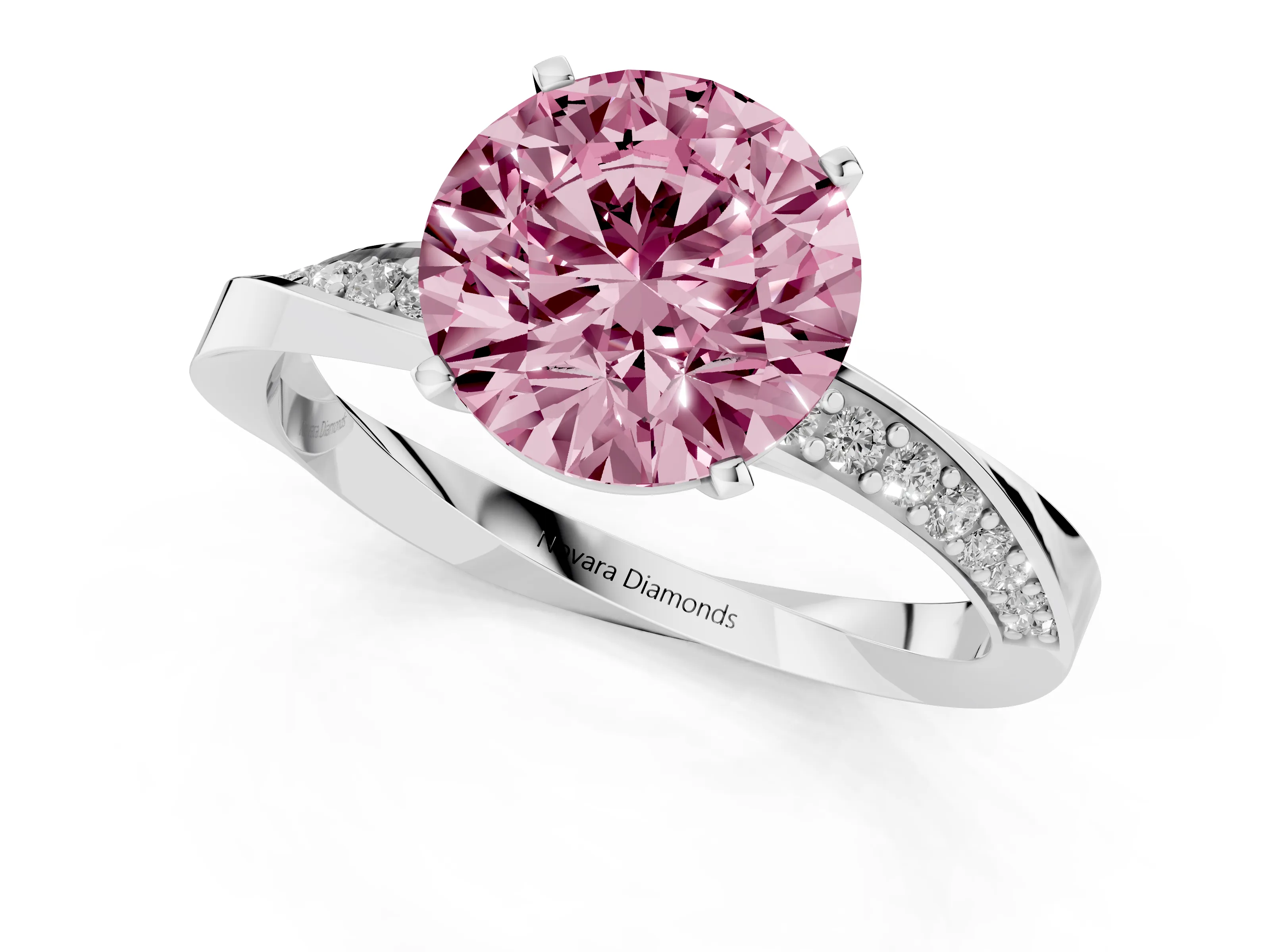 Fancy Pink Round Cut Diamond Engagement Ring Set in Silver with Side Stone Accents and Prong Setting