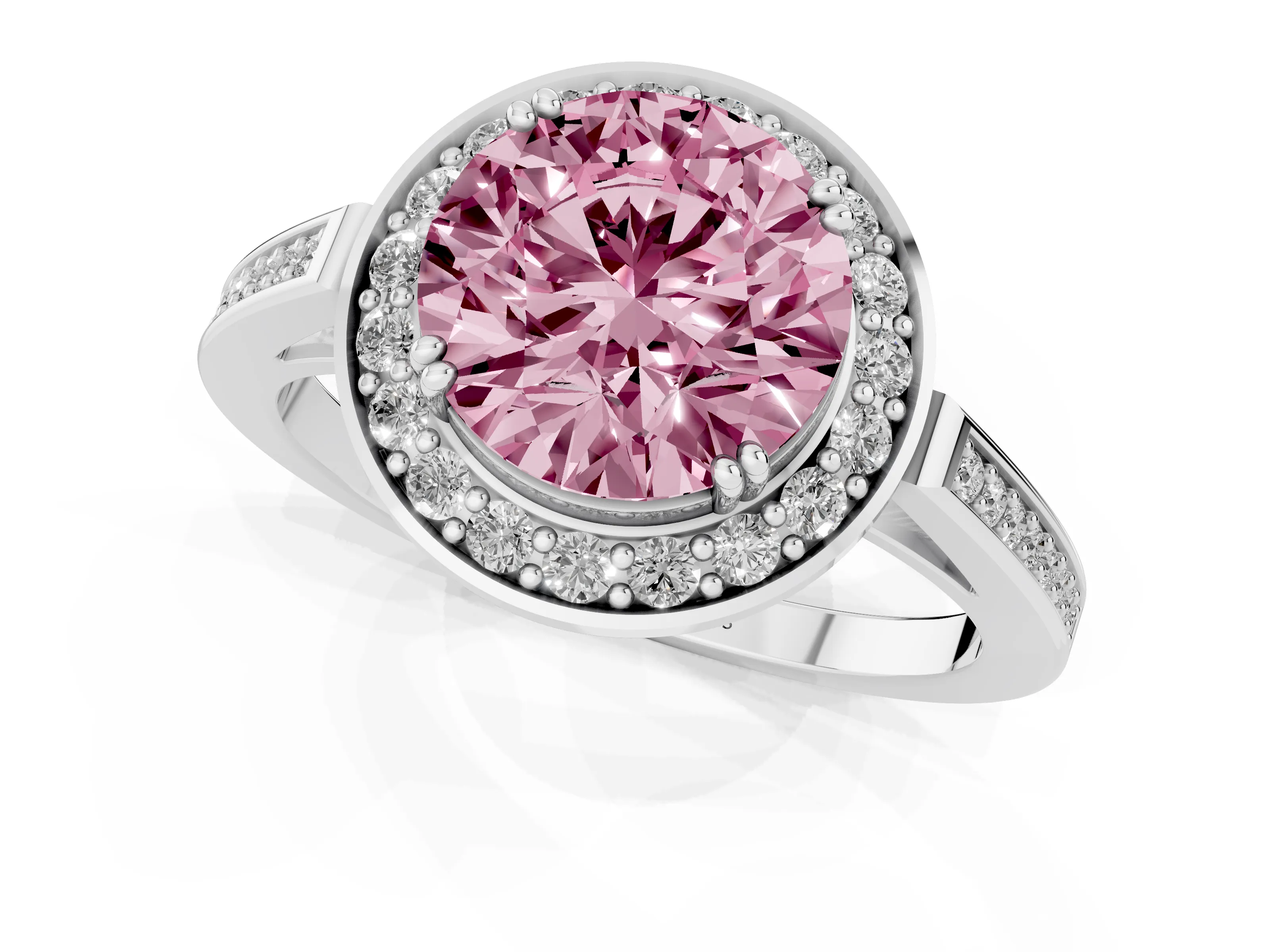 Fancy Pink Round Cut Diamond Halo Ring Set in Platinum with Accent-Lined Split Shank and Prong Setting