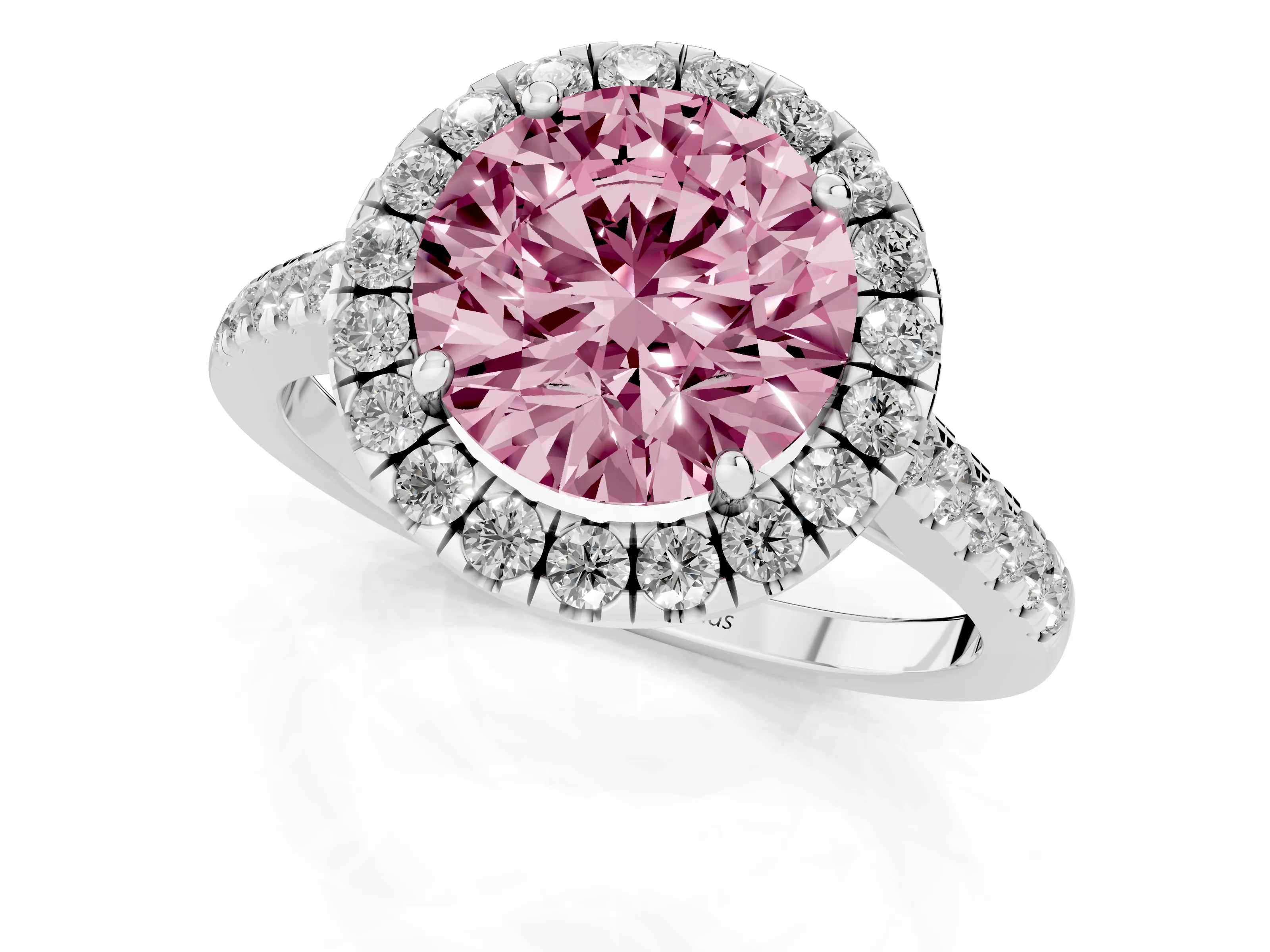 Fancy Pink Round Cut Diamond Halo Pavé Engagement Ring Set in White gold with Prong Setting