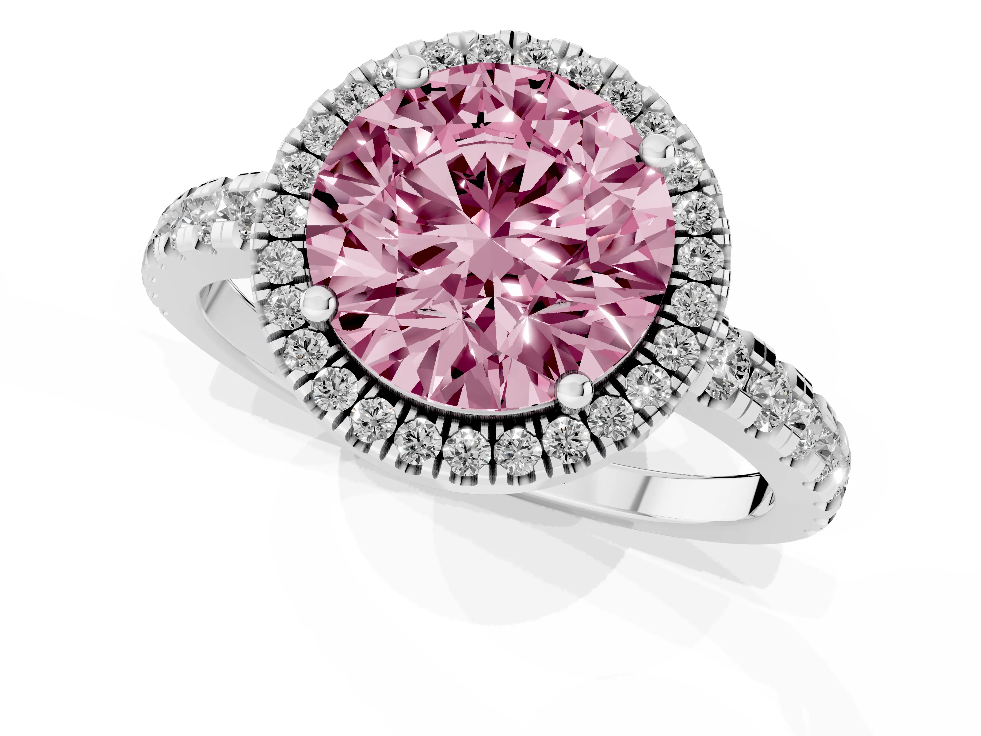 Fancy Pink Round Cut Diamond Halo Ring Set in Platinum with Delicate Pavé Band and Prong Setting