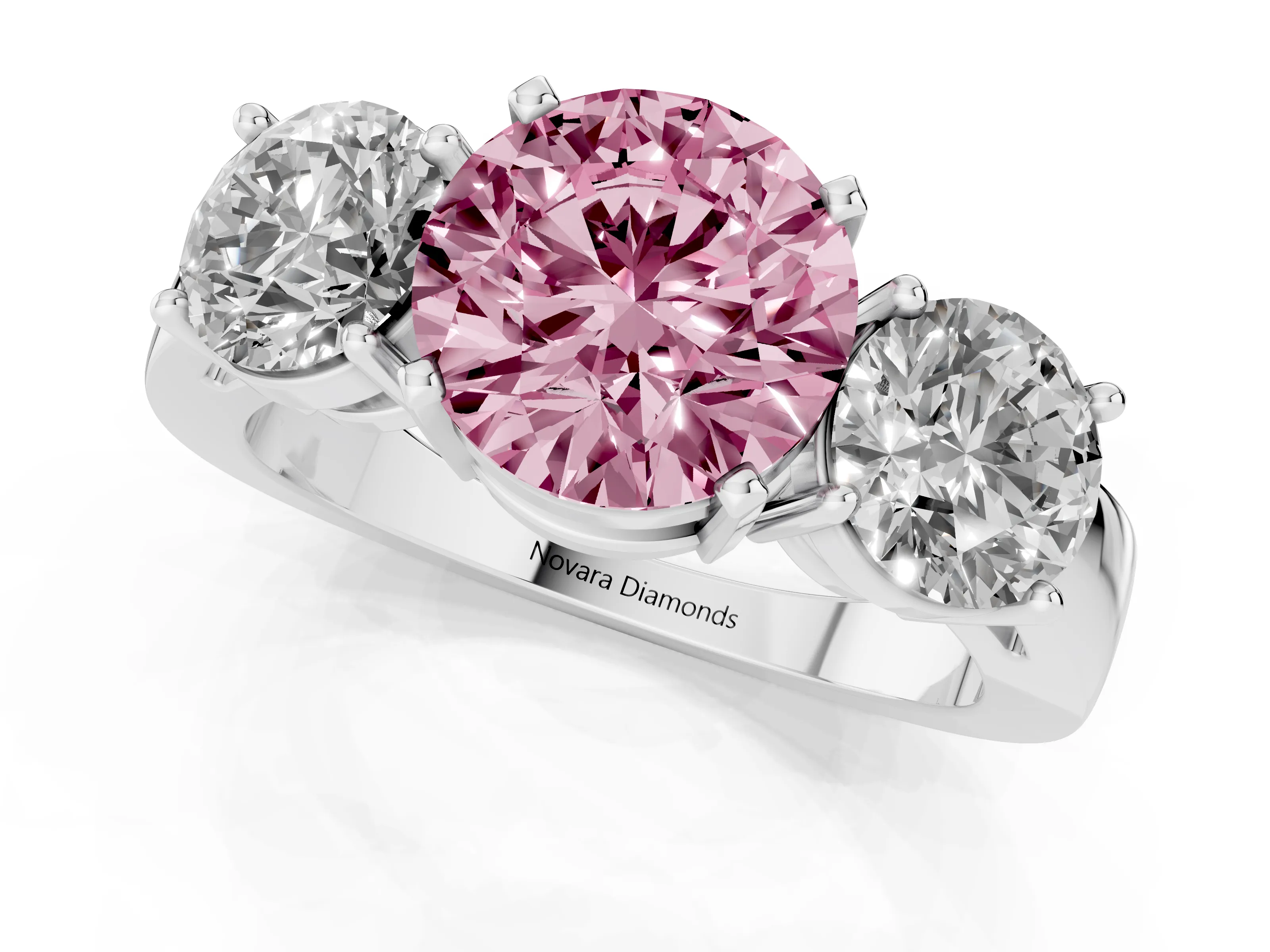 Fancy Pink Round Cut Diamond Three-Stone Ring Set in Silver with Round Side Stones and Classic Band