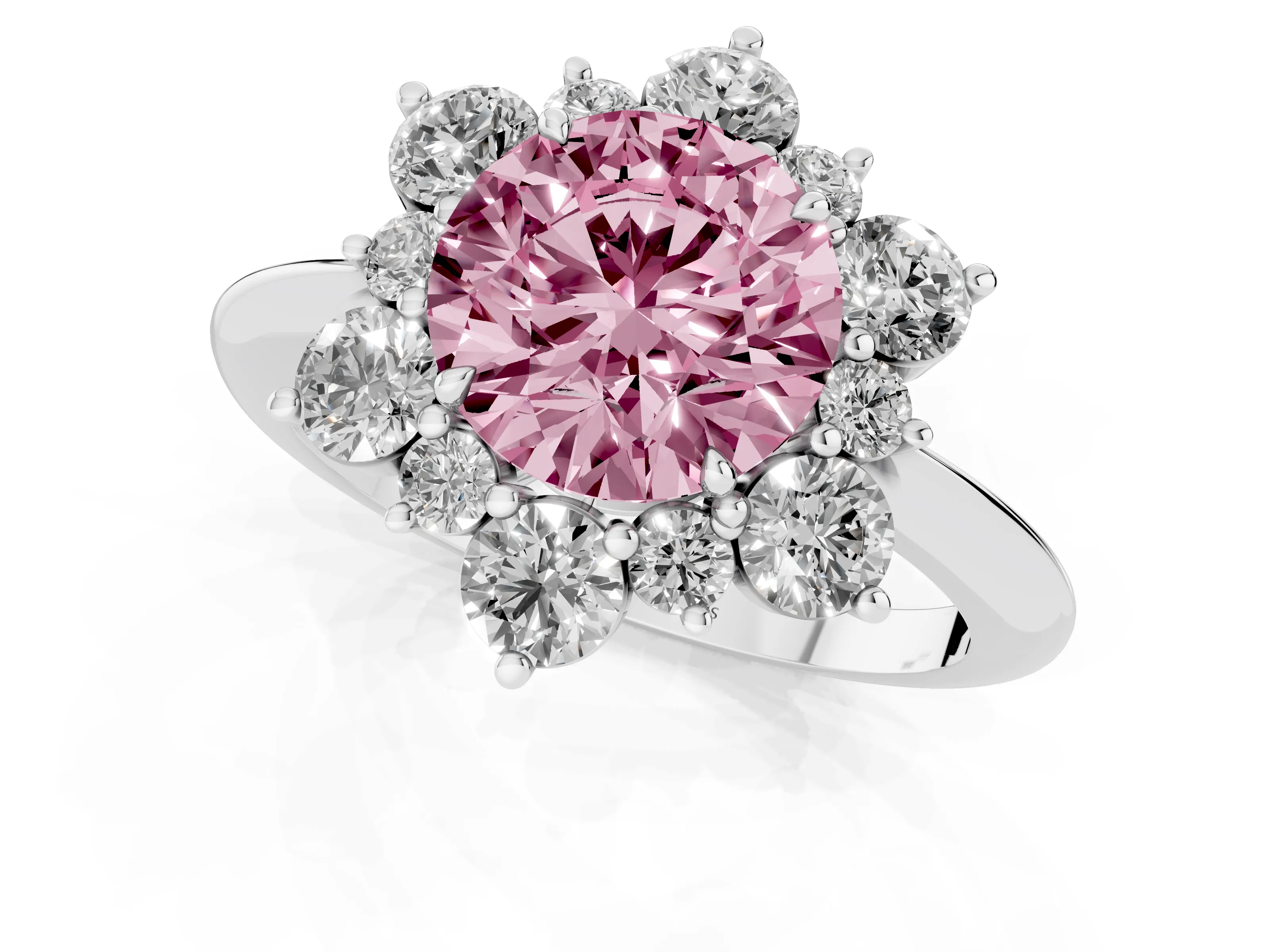 Fancy Pink Round Cut Diamond Cluster Halo Ring Set in Platinum with Solitaire Band and Prong Setting – second view