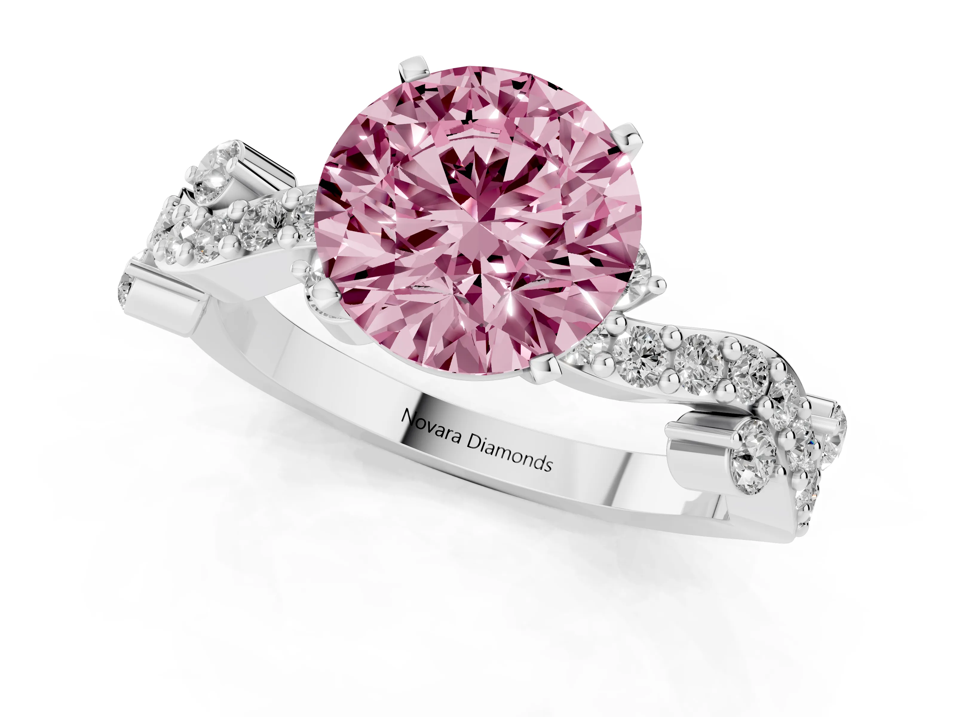 Fancy Pink Round Cut Diamond Solitaire Twisted Band Set in Platinum with Pavé Setting