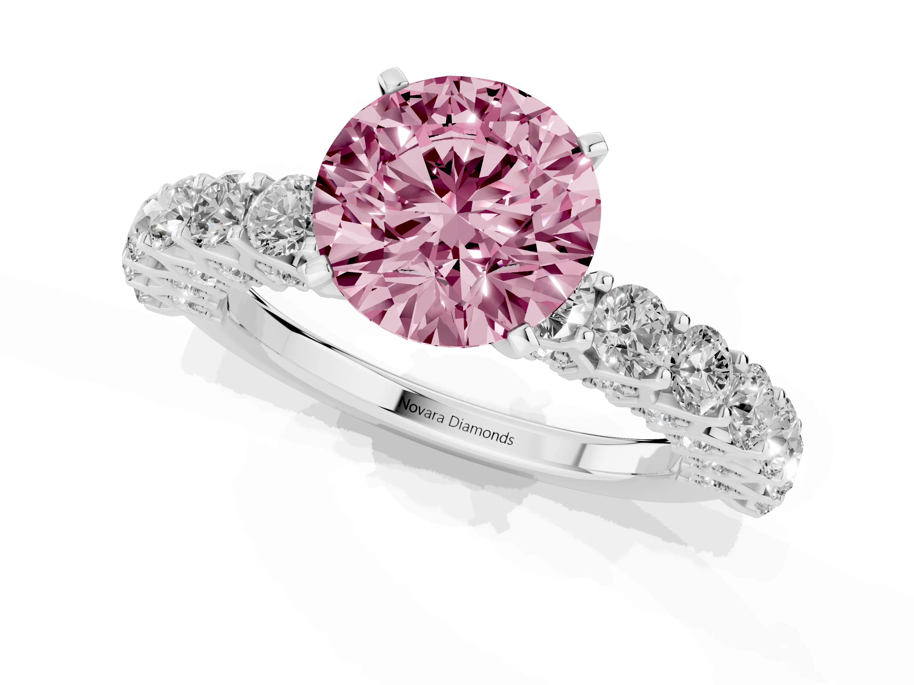 Fancy Pink Round Cut Diamond Solitaire Ring Set in Silver with Shared Prong Pavé Band